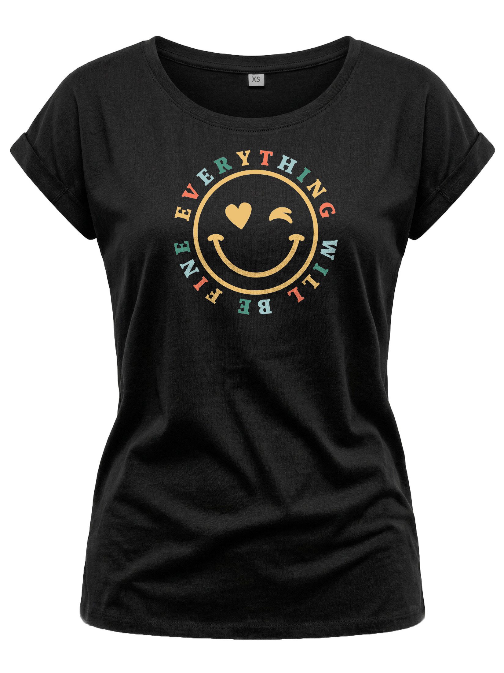 MAKAYA Print-Shirt Damen Kurzam Herz Spruch Sprüche Hippie Style Outfit 60er 70er Jahre Top