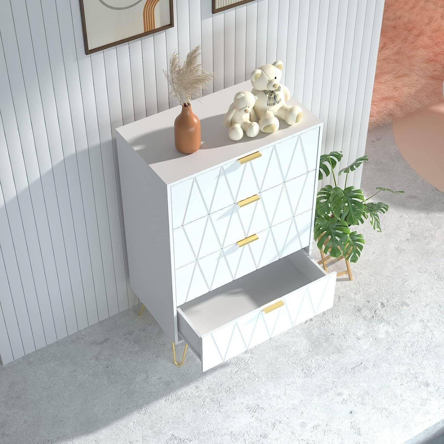 UEV Kommode mit 4 Schubladen, Sideboard für Schlafzimmer,Wohnzimmer (Mehrzweckschrank aus Holz, 60 x 34 x 91 cm), Aufbewahrungskommode, Schrank für Wohnzimmer,Schlafzimmer,Flur