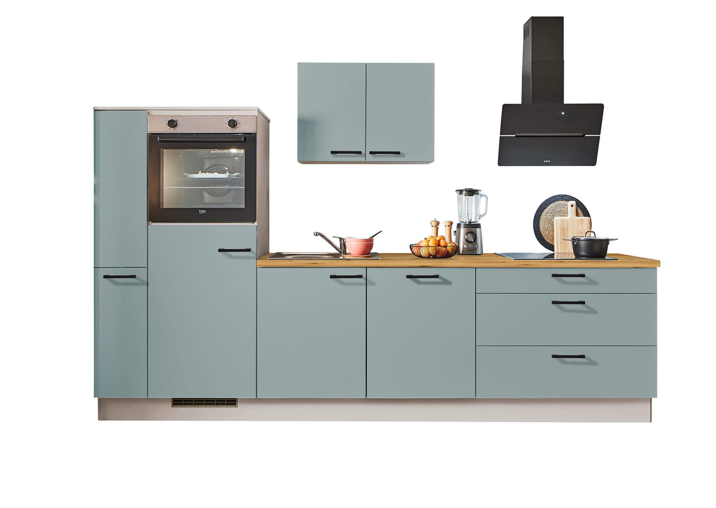 Front: Fjordgrün | Korpus: Kaschimirgrau | Arbeitsplatte: Evoke Eiche Nachbildung