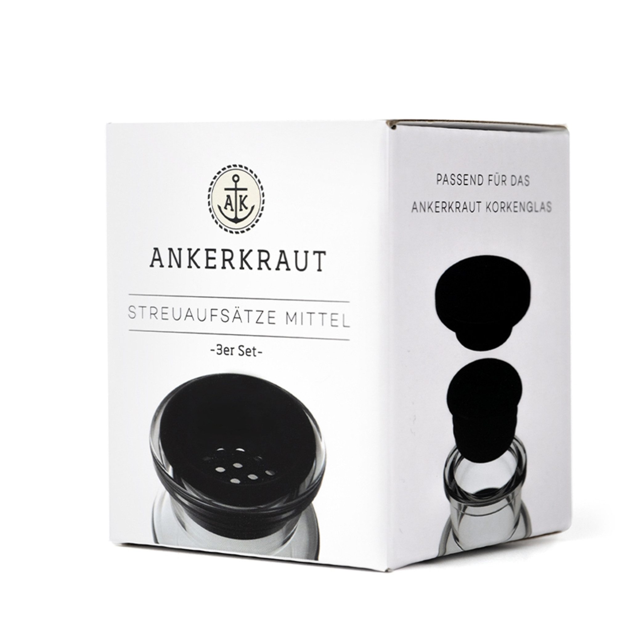 Ankerkraut Gewürzbehälter Korkenglas Streuaufsatz, 3er-Set mittlere Lochgröße