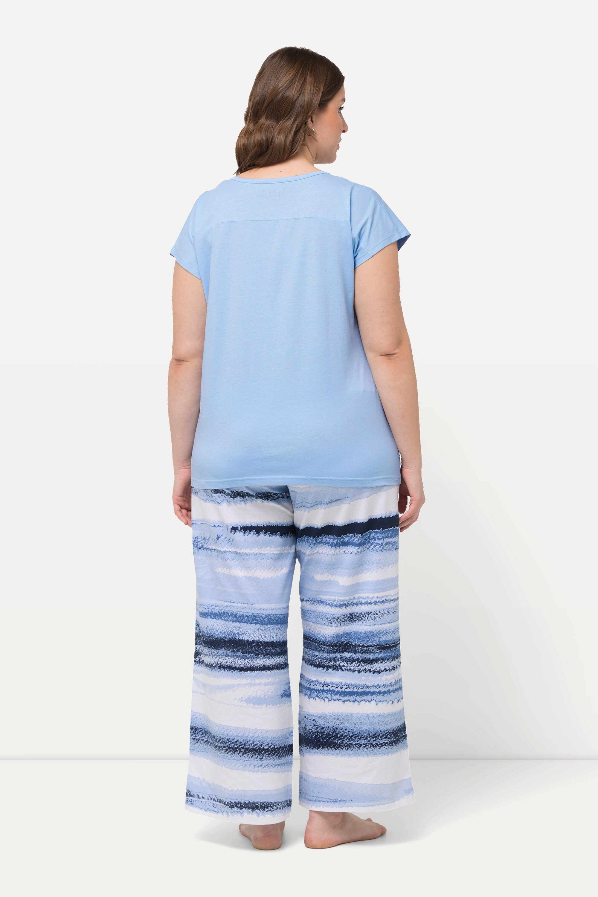 Ulla Popken Pyjama Pyjama Streifen Stickerei Rundhals Halbarm
