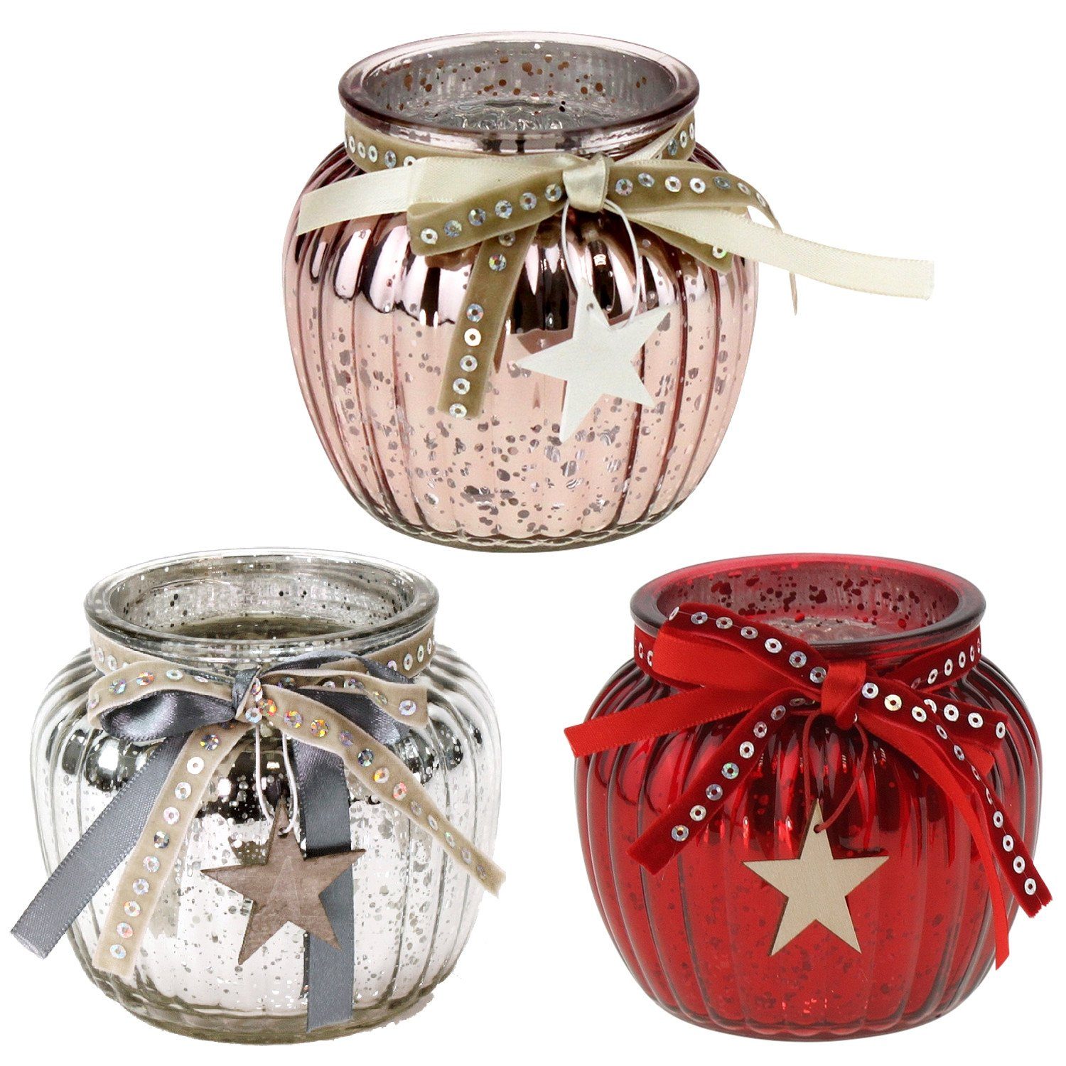 Macosa Home Windlicht Rot Silber Rosé Glas rund Teelichthalter Kerzenhalter Weihnachten, Tischdeko Advent mit Holzstern