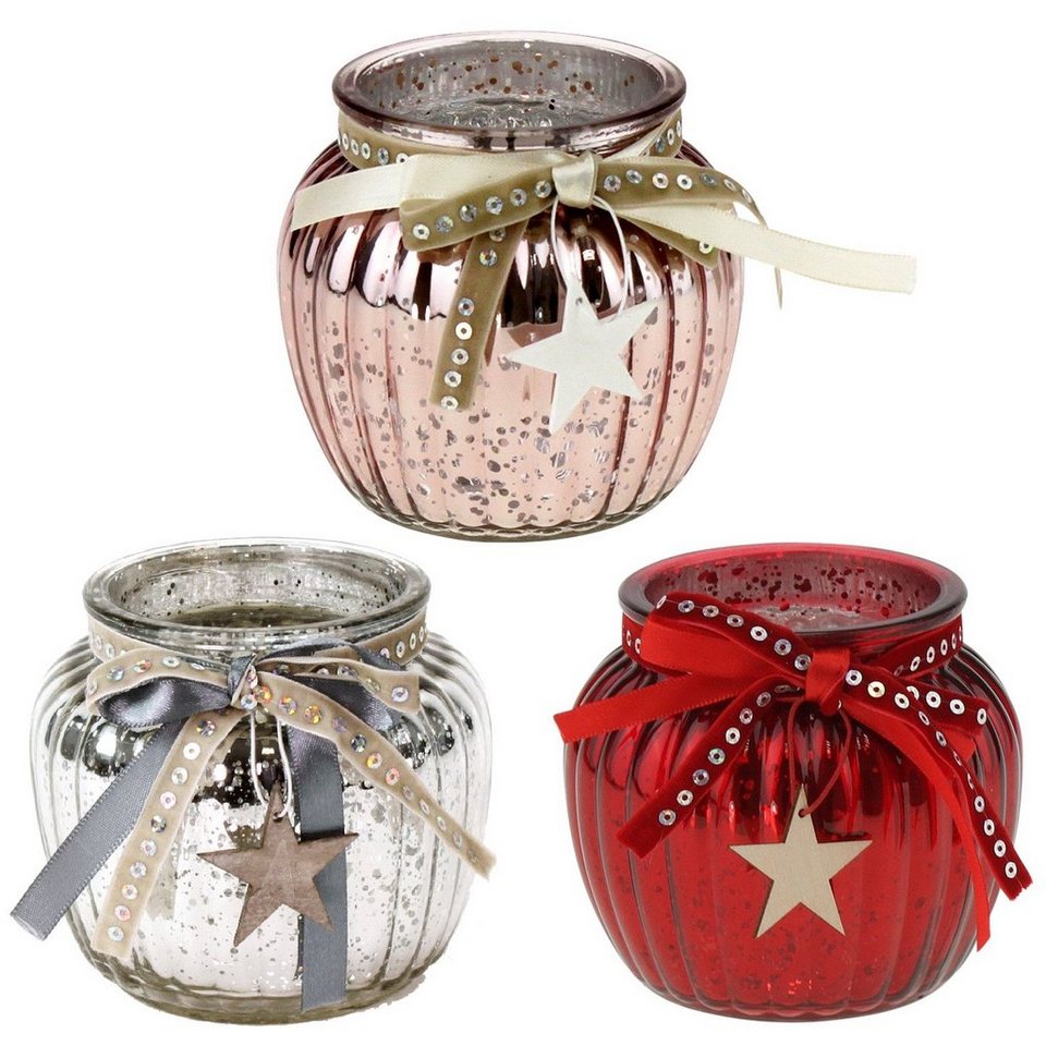 Macosa Home Windlicht Rot Silber Rosé Glas rund Teelichthalter Kerzenhalter  Weihnachten, Tischdeko Advent mit Holzstern