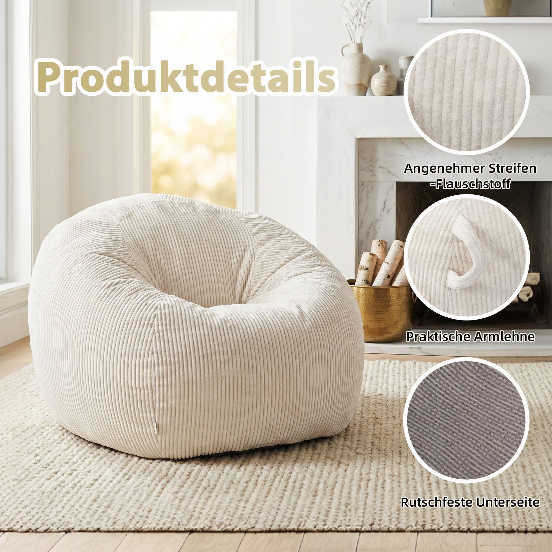 HomeMiYN Sitzsack Rund Sitzsack XXL aus Cord weiches Sofa für Wohnzimmer – Bild 3 von 5
