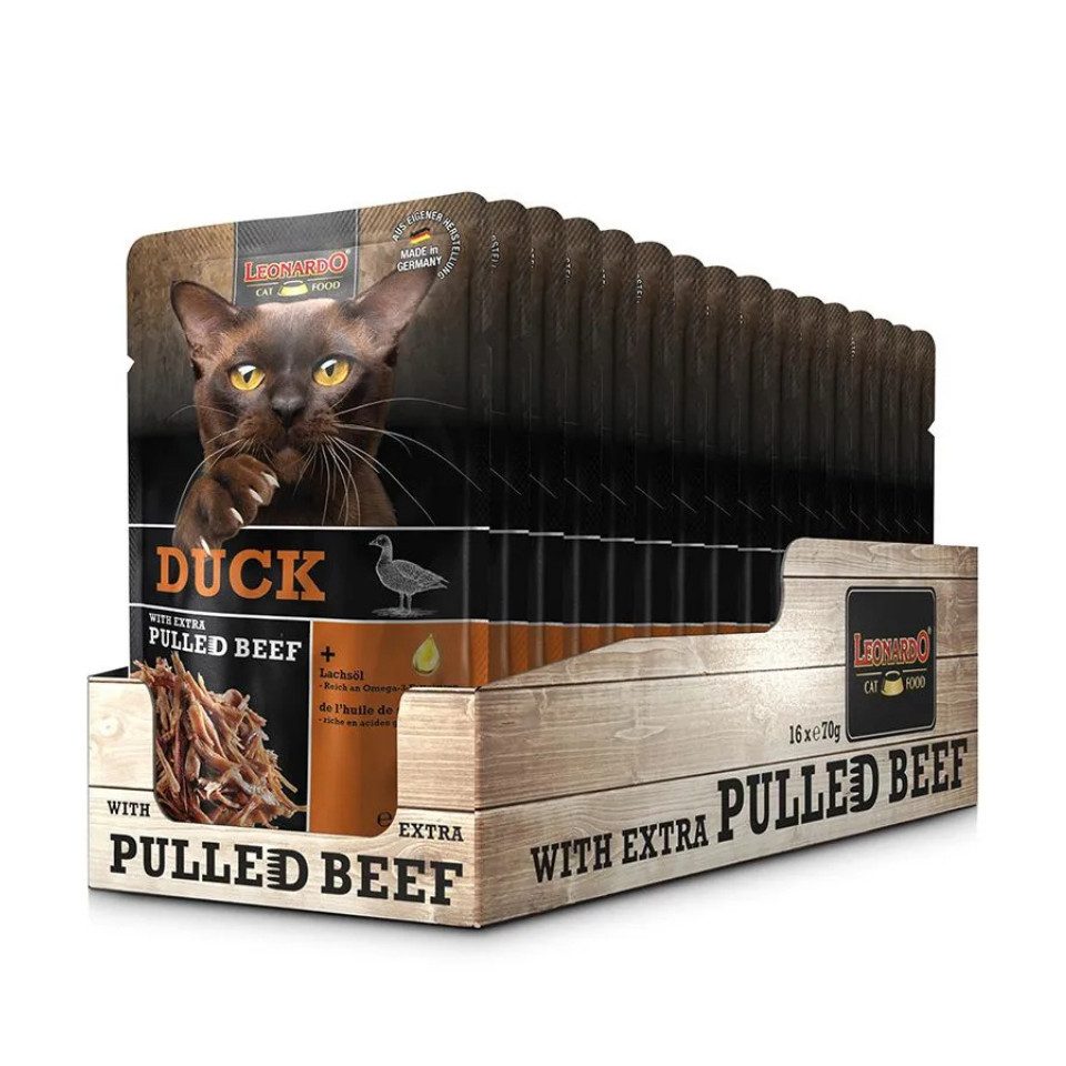 Leonardo Catfood Duck with extra pulled Beef - saftiges Entenpaté mit Rindfleisch 16x70g, Nassfutter für: Katzen