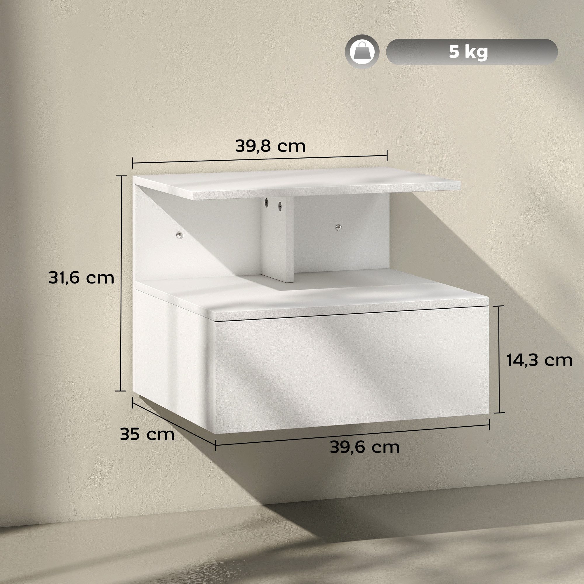 HOMCOM Nachttisch mit Schublade, offenes Fach (Nachtschrank, 1-St., hängend Beistelltisch), für Schlafzimmer, Wohnzimmer, Weiß, 39,8 x 35 x 31,6 cm
