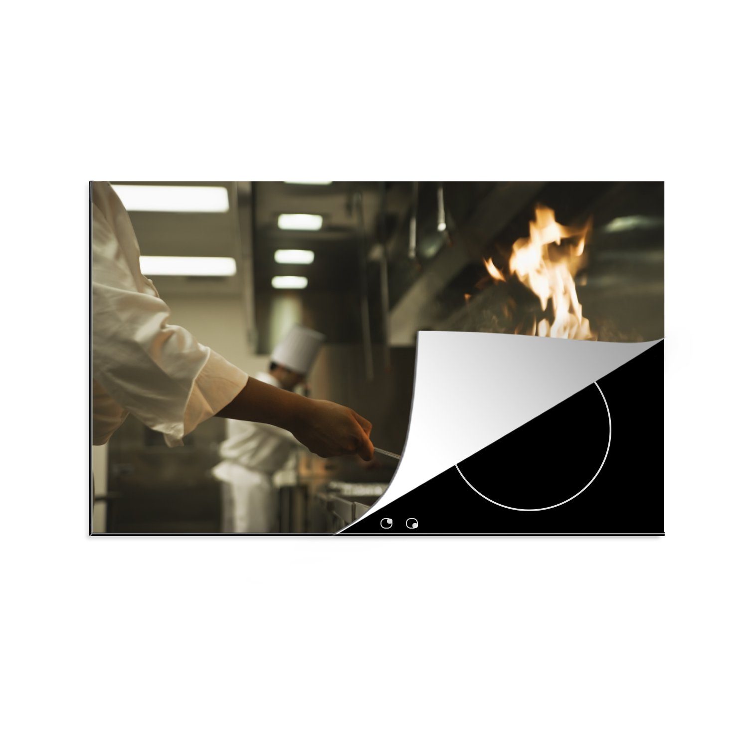 MuchoWow Herdblende-/Abdeckplatte Koch hält brennende Pfanne, Vinyl, (1 tlg), 81x52 cm, Induktionskochfeld Schutz für die küche, Ceranfeldabdeckung