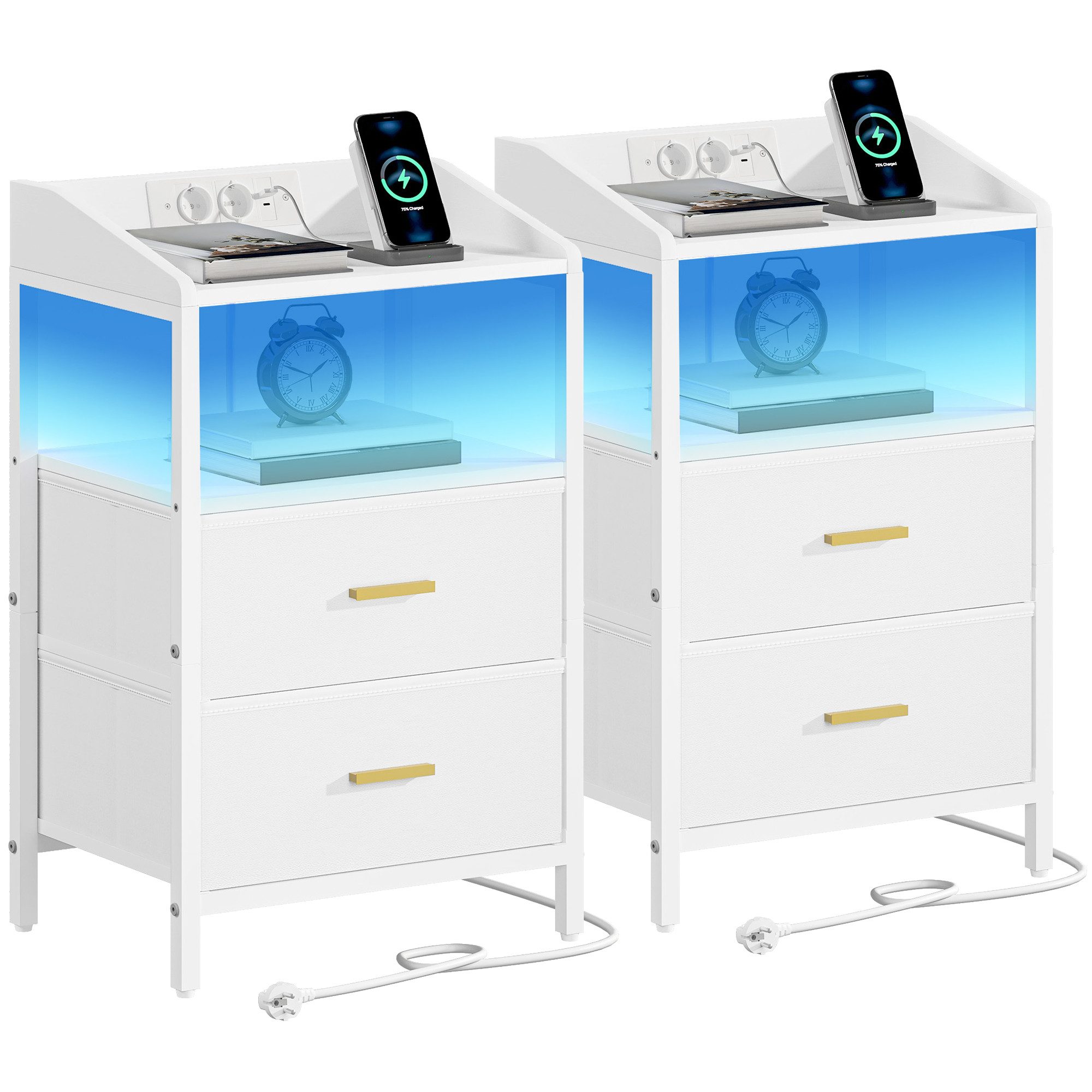 HZUANERI Nachttisch mit LED-Licht USB-Anschlüssen Steckdosen 2 Stoffschubla günstig online kaufen