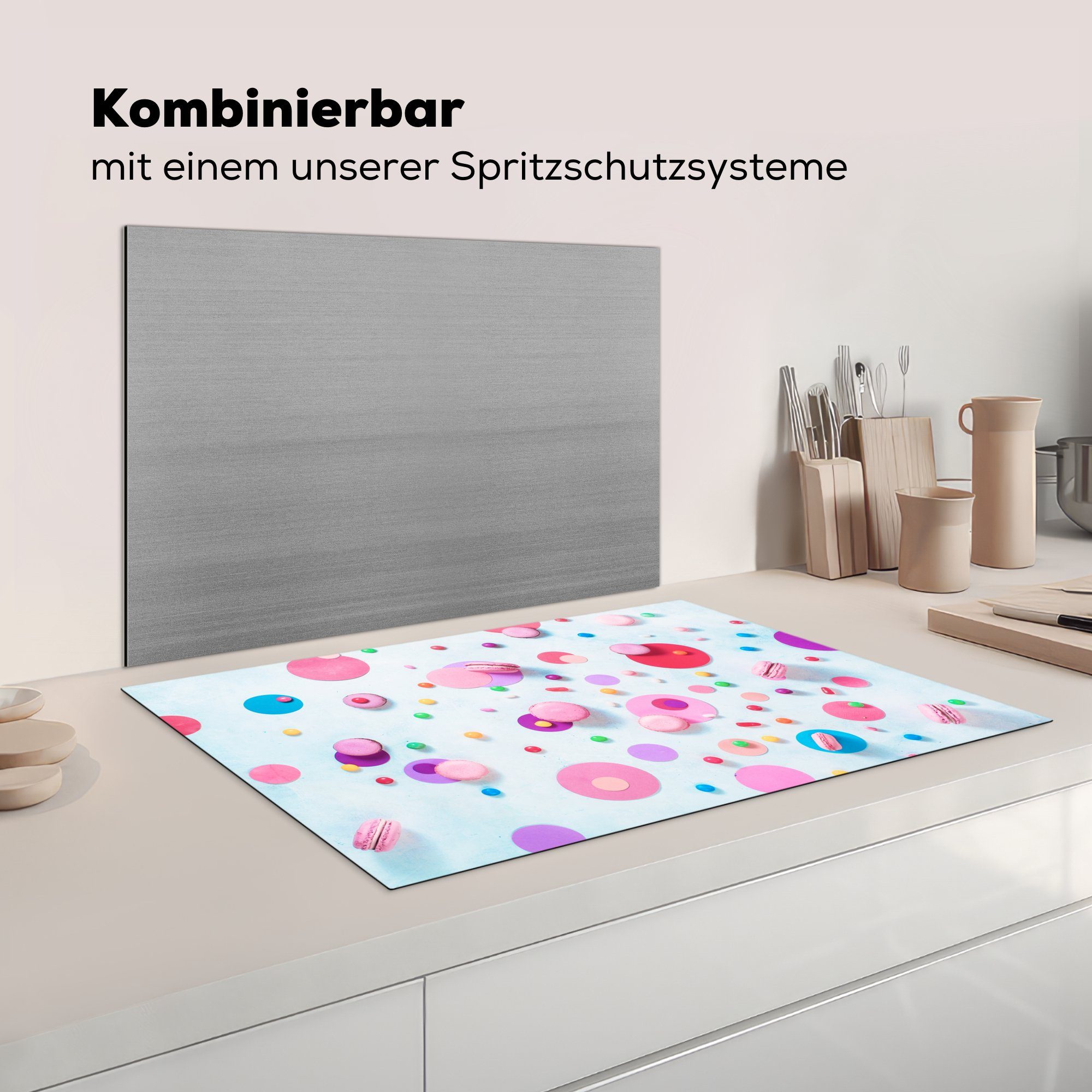 tlg), Schutz Macaron-Kekse Vinyl, Ceranfeldabdeckung weißem 81x52 für Induktionskochfeld Herdblende-/Abdeckplatte cm, (1 küche, Hintergrund, die MuchoWow auf