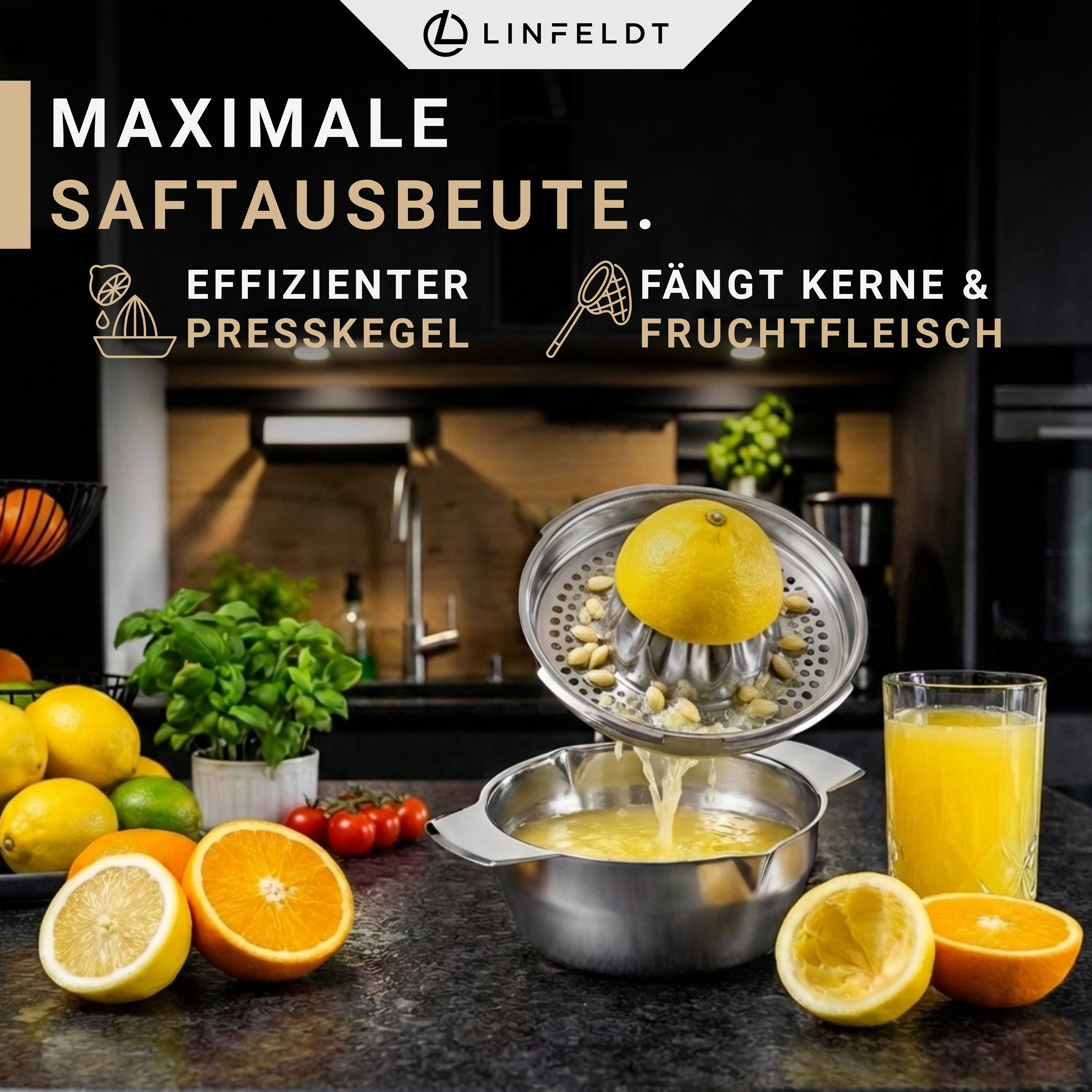 LINFELDT Zitruspresse Zitronenpresse, 450ml Behälter, viel Saft auspressen, rostfreier Edelstahl – Bild 3 von 5