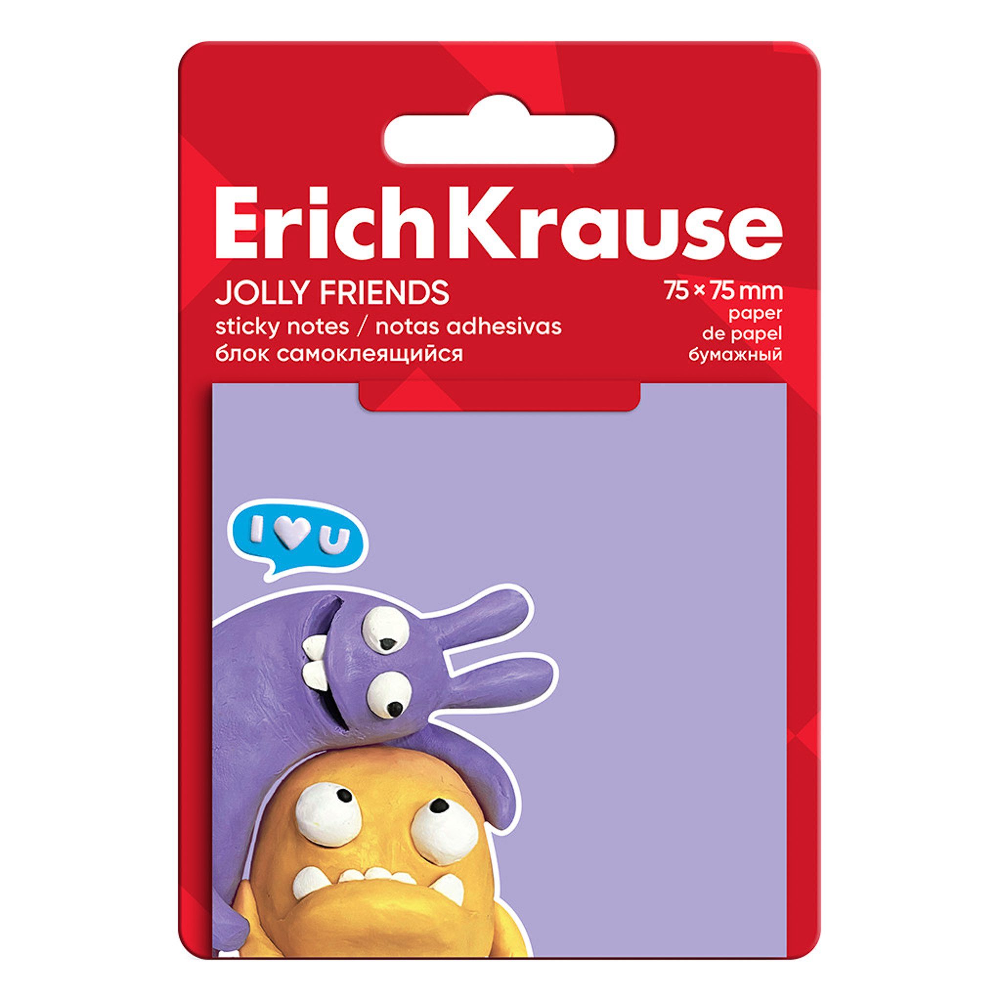 Erich Krause Haftnotizblock, Haftnotizen 75x75mm Papier Jolly Friends wiederablösbar 50 Blatt