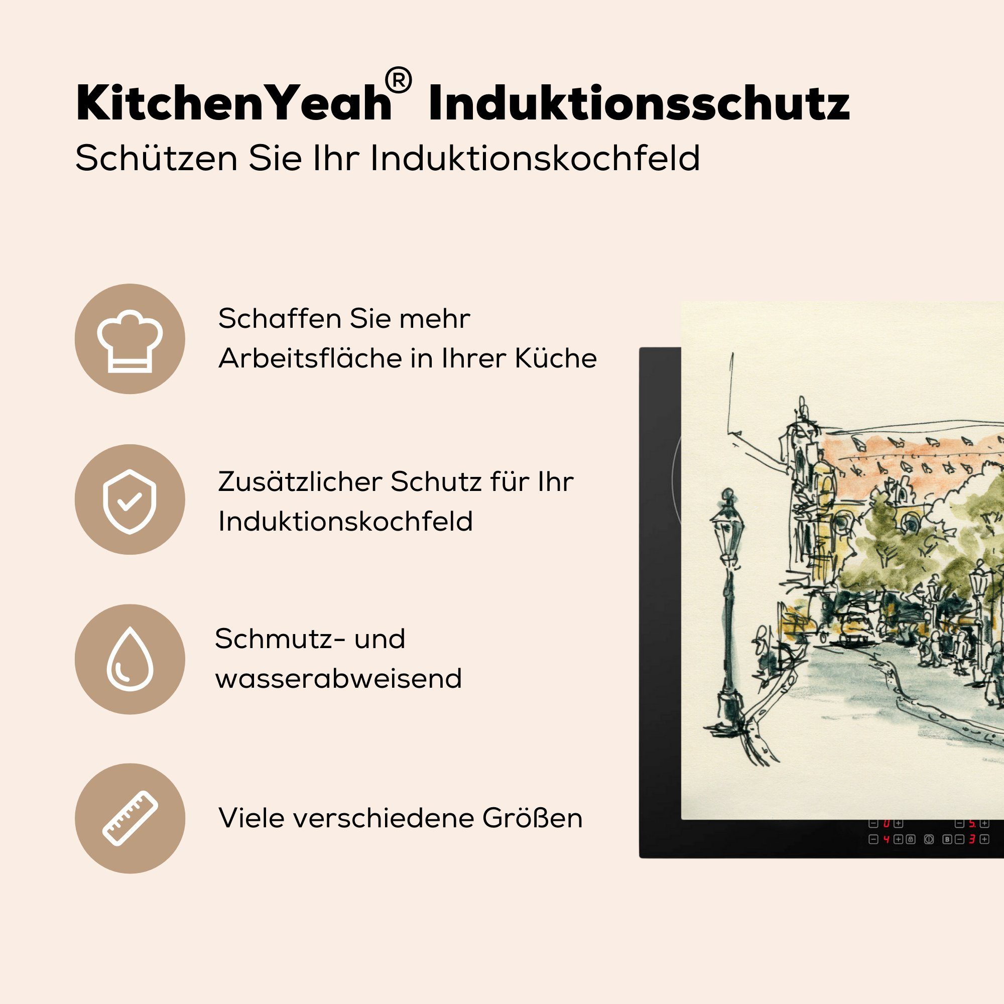 MuchoWow Herdblende-/Abdeckplatte Illustration eines Ceranfeldabdeckung cm, Münchens, 81x52 tlg), für Schutz gemalten küche, Vinyl, (1 Induktionskochfeld die