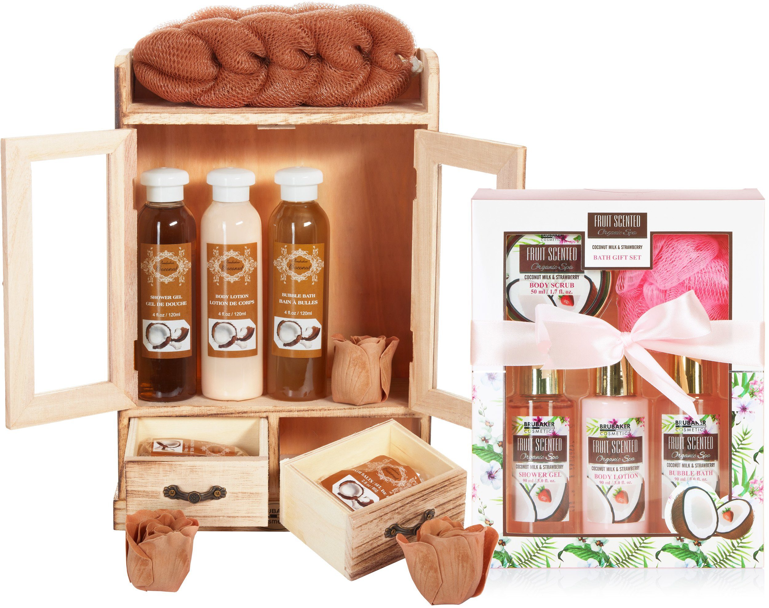 BRUBAKER Pflege-Geschenkset 2 in 1 Pflegeset Kokos & Kokosnuss Erdbeere - Wellness Set, 15-tlg., Damen Dusch- und Badeset - Frauen Beauty Geschenkset mit Dekoration