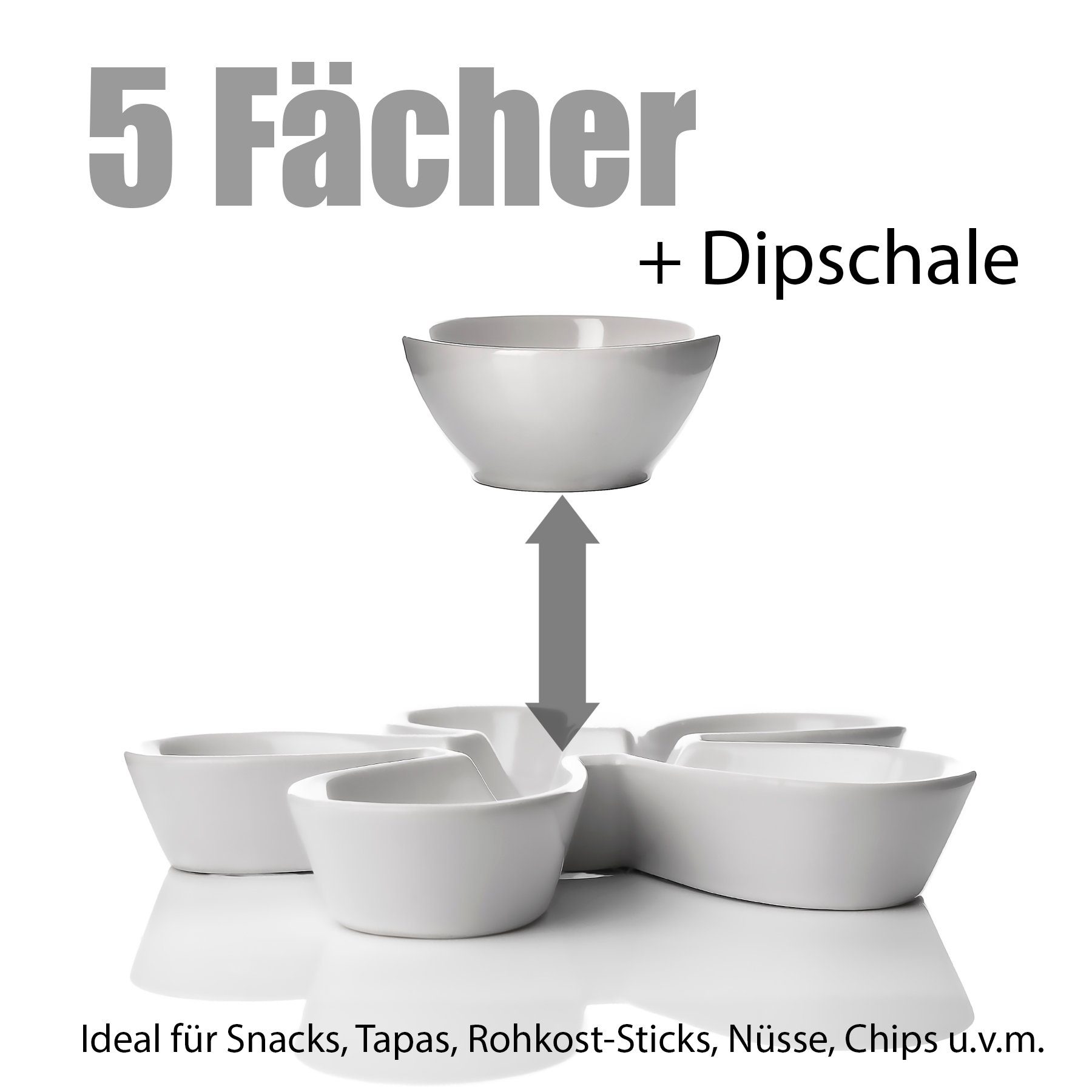 BigDean Snackschale Snackteller Dipschale mit + aus Ø 5 Porzellan weiß, Porzellan Fächern 25cm