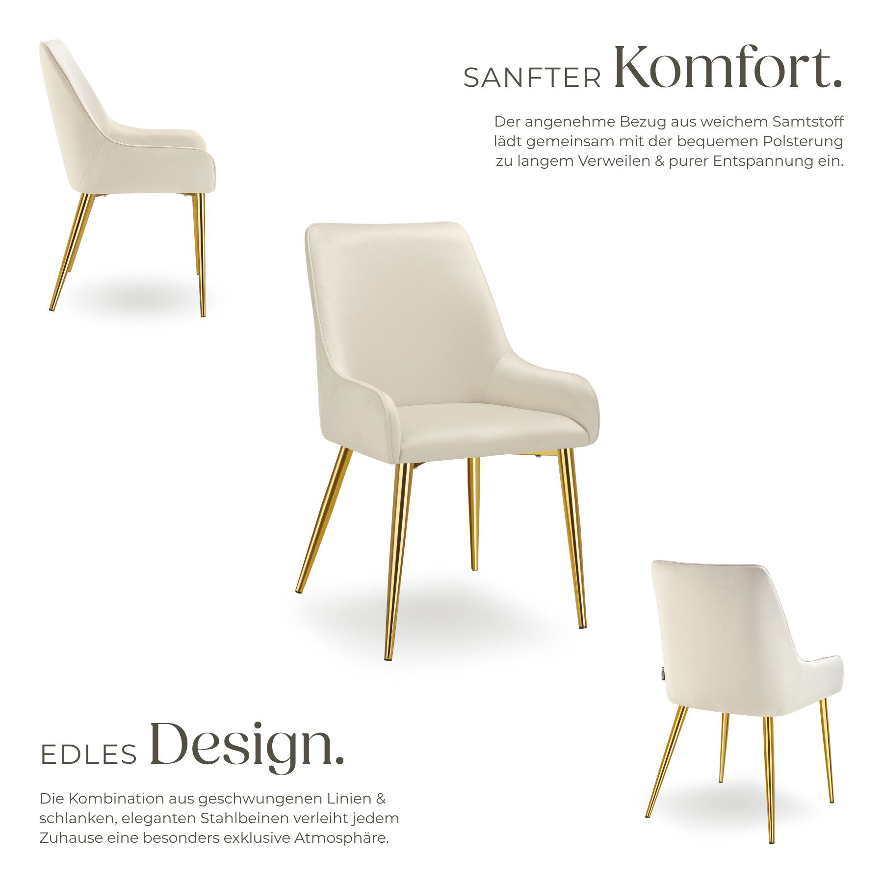 tectake Esszimmerstuhl Polsterstuhl in Samtoptik, gepolstert, 52 x 61 x 89 cm (Küchenstuhl Avane in beige, 2 St), pulverbeschichtete Stahlbeine, bodenschonend,  – Bild 3 von 5