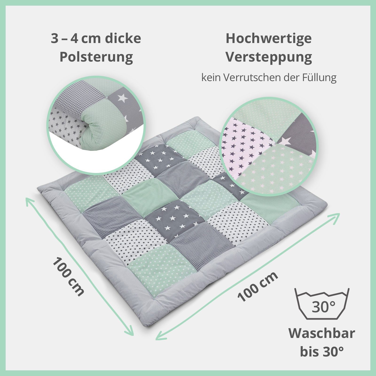 Außenstoff Baumwolle Krabbeldecke Dick EU), Krabbeldecke Baby gepolstert, Grau" in 100% "Mint 100x100 ULLENBOOM ®, cm (Made