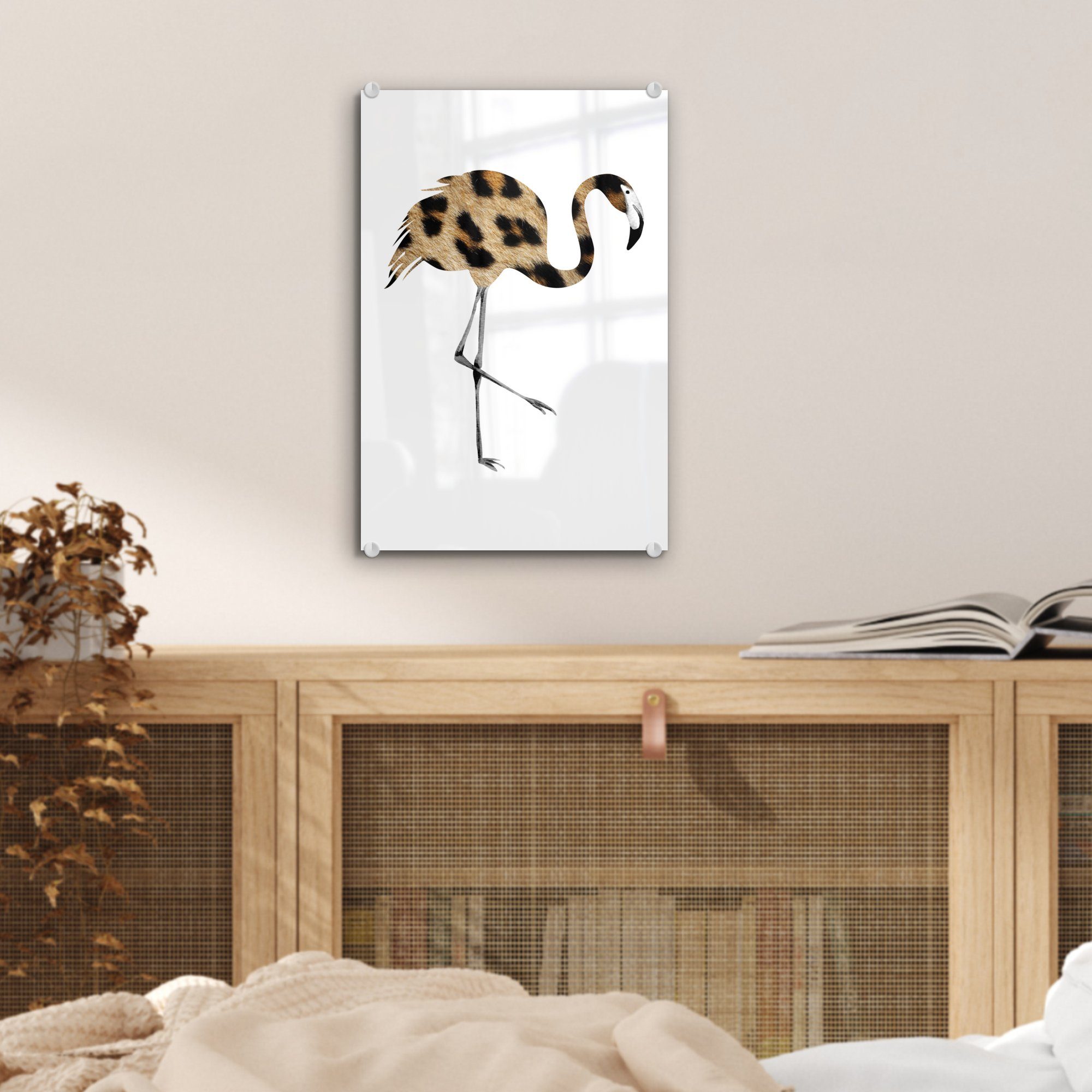 auf Acrylglasbild - - Glas St), Foto Tier, Glas bunt - Wanddekoration Wandbild auf (1 MuchoWow Pantherdruck Bilder - - Glasbilder Flamingo