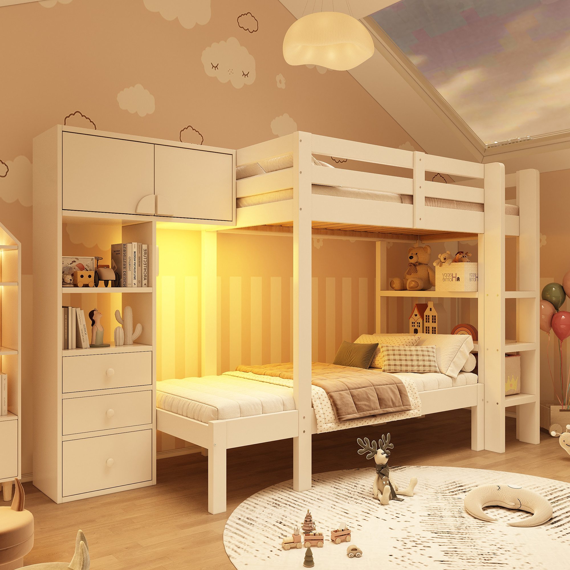 Flieks Etagenbett, Kinderbett 90x200cm mit intelligentem Nachtlicht, Schran günstig online kaufen