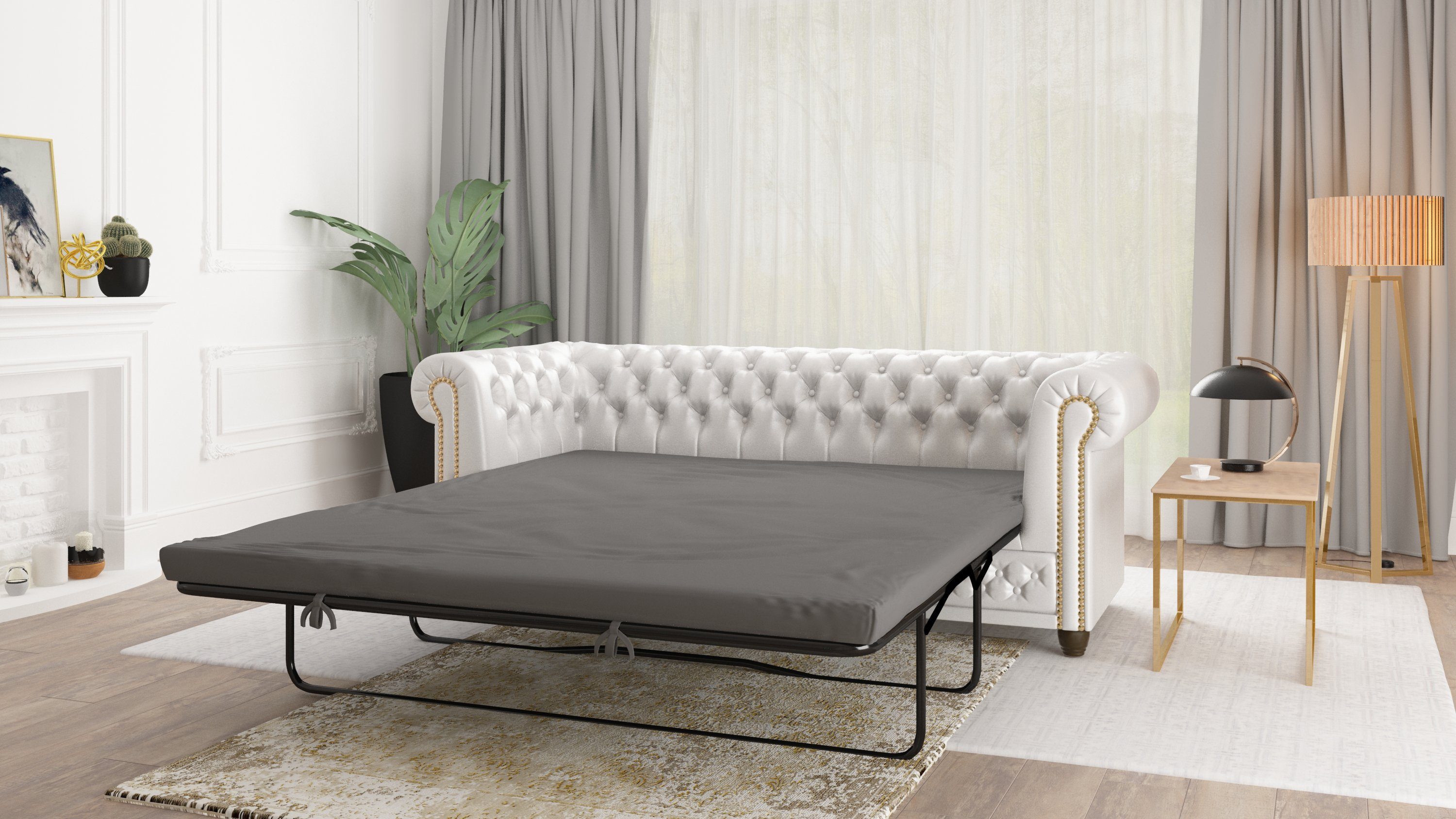 S-Style Möbel Chesterfield-Sofa Jeff, 3-Sitzer mit Schlaffunktion aus veganem Leder mit Holzfüßen, 3-Sitzer mit Schlaffunktion, mit Wellenfederung