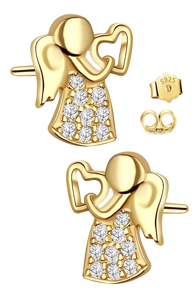 Limana Paar Ohrstecker 925 Silber Schutz-Engel Herz gold für Kinder Mädchen Damen Ohrringe (Kommunion Konfirmation, Weihnachtsgeschenk Kinderohrringe, inkl. Schmuckbox), Schmuck Geschenk Ostern Weihnachten Geburtstag Nikolaus Ostern