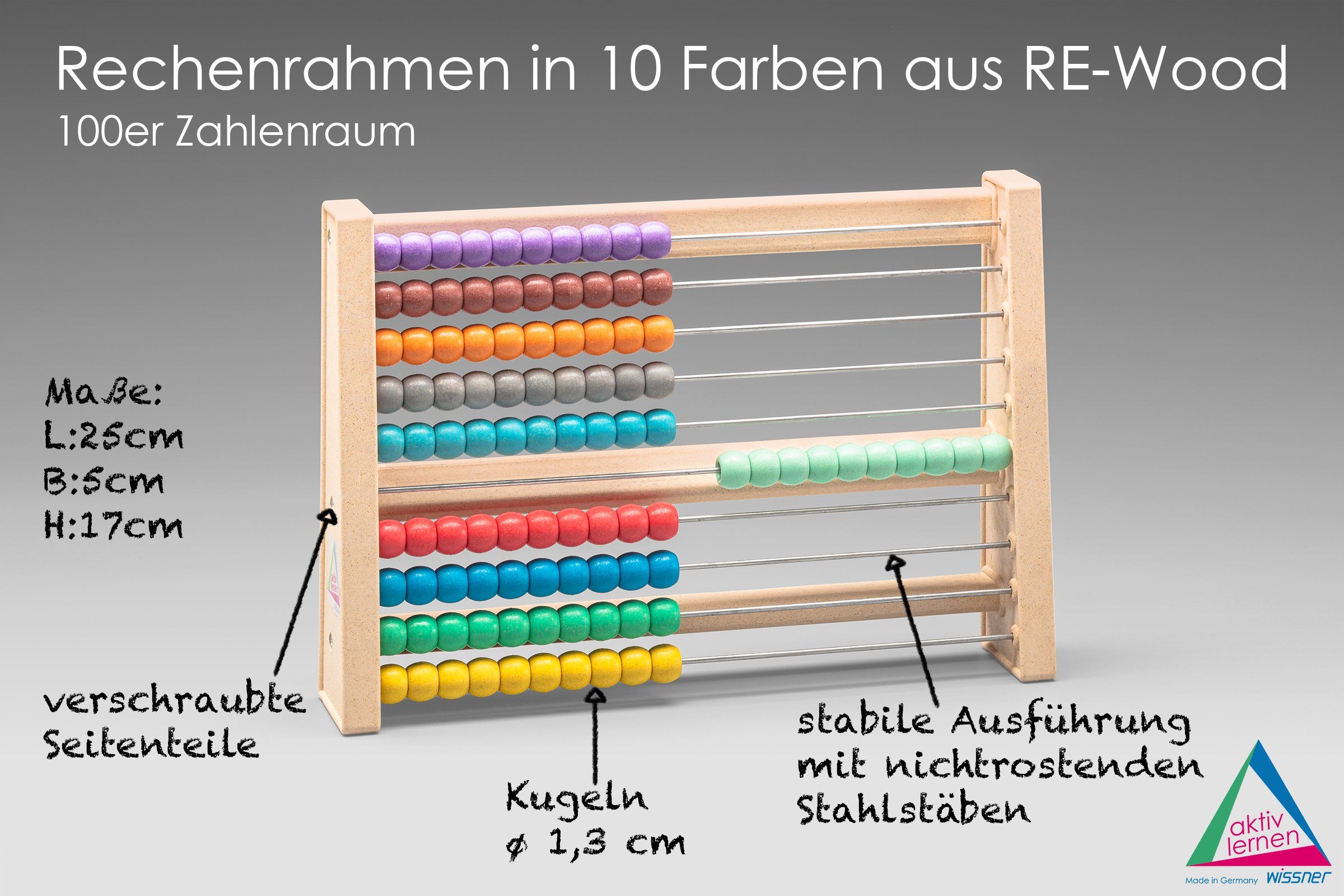 Wissner® aktiv lernen Lernspielzeug Rechenrahmen 100er Zahlenraum,  RE-Wood® Abakus Rechenschieber, RE-Plastic®