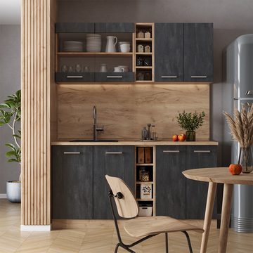 Livinity® Küchenzeile R-Line, Schwarz Beton/Goldkraft Eiche, 160 cm AP Marmor