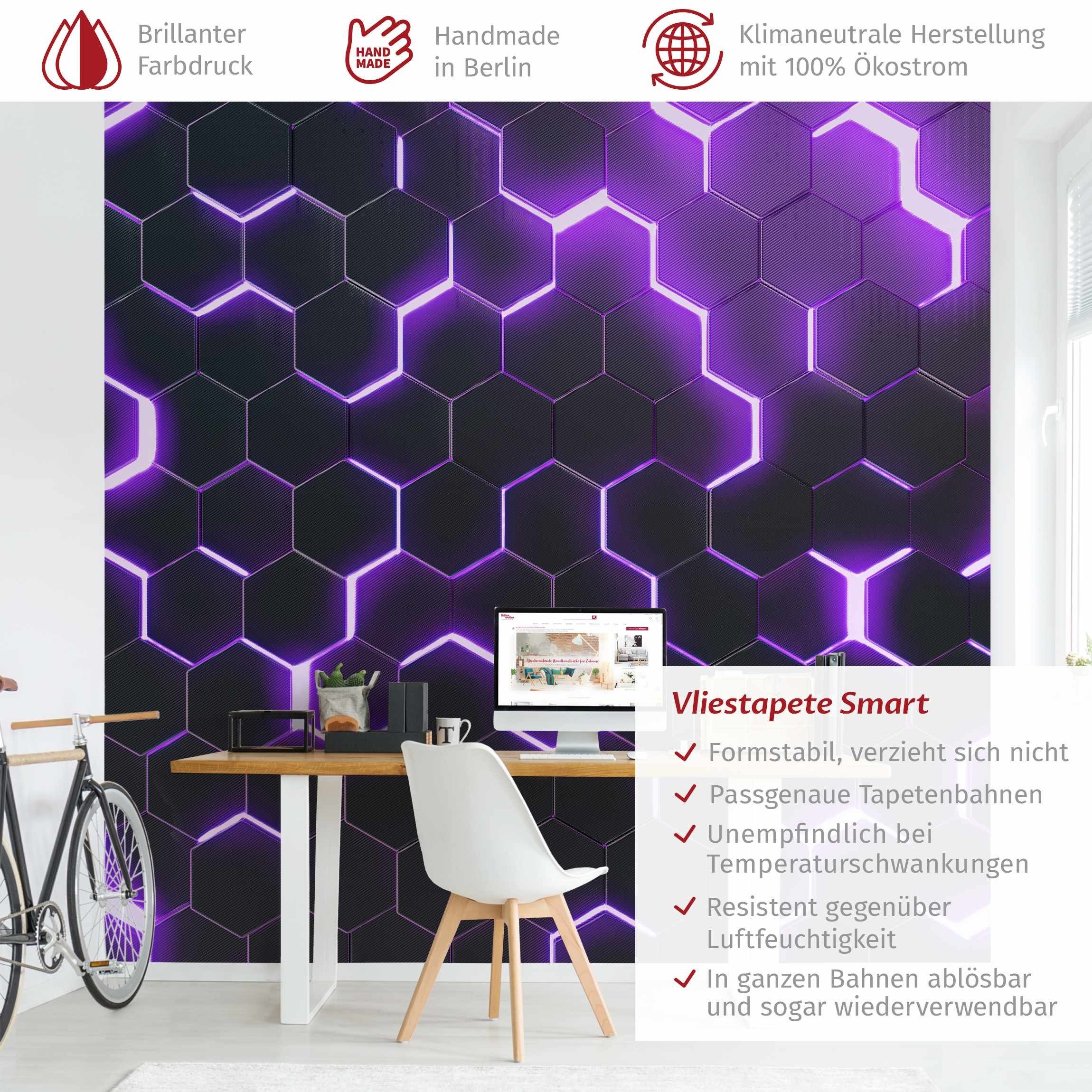 Bilderdepot24 Mustertapete Hexagone Neonlicht Lila 3D-Optik günstig online kaufen