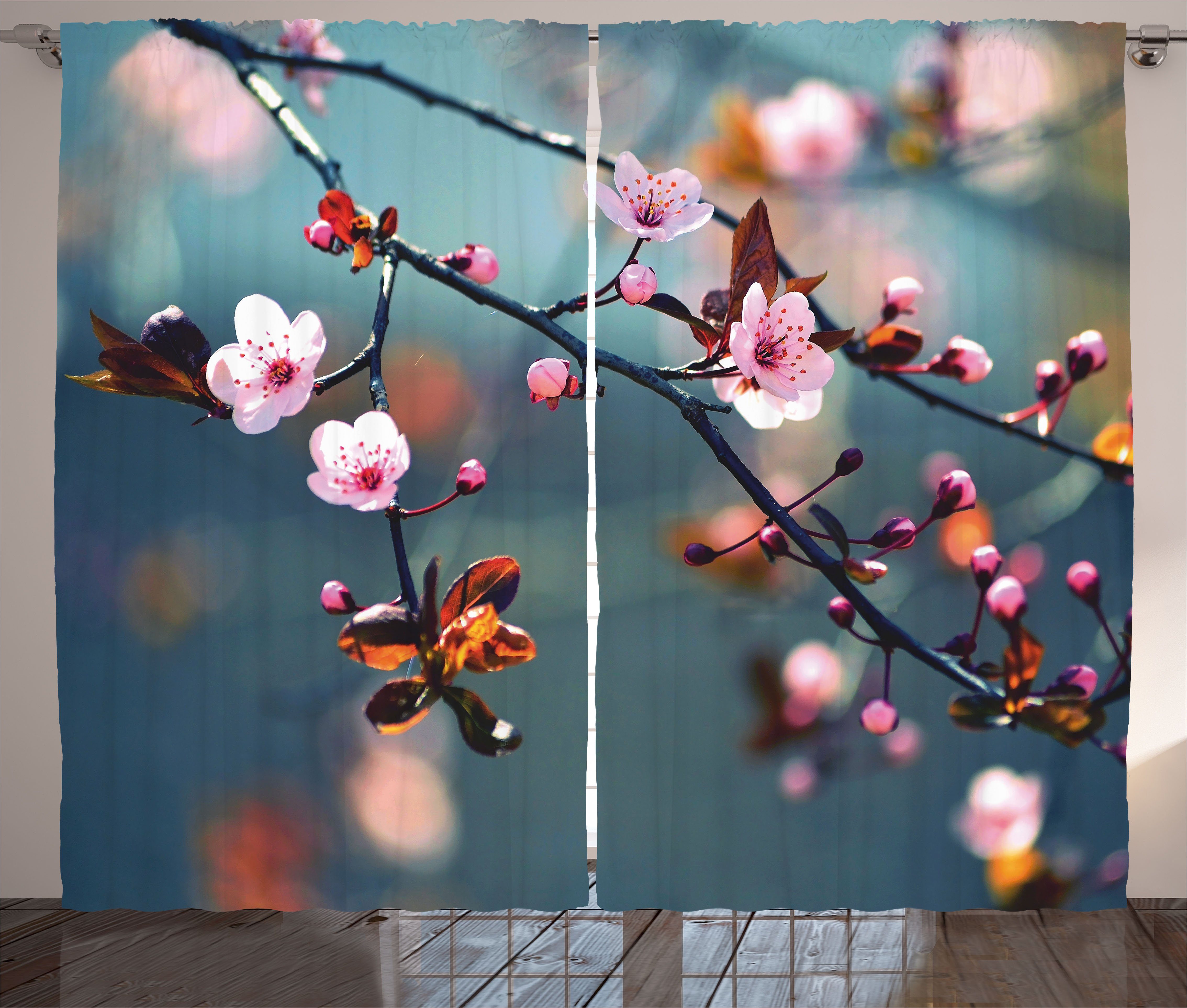 Gardine Schlafzimmer Kräuselband Vorhang mit Schlaufen und Haken, Abakuhaus, Natur Blooming Sakura Blumen