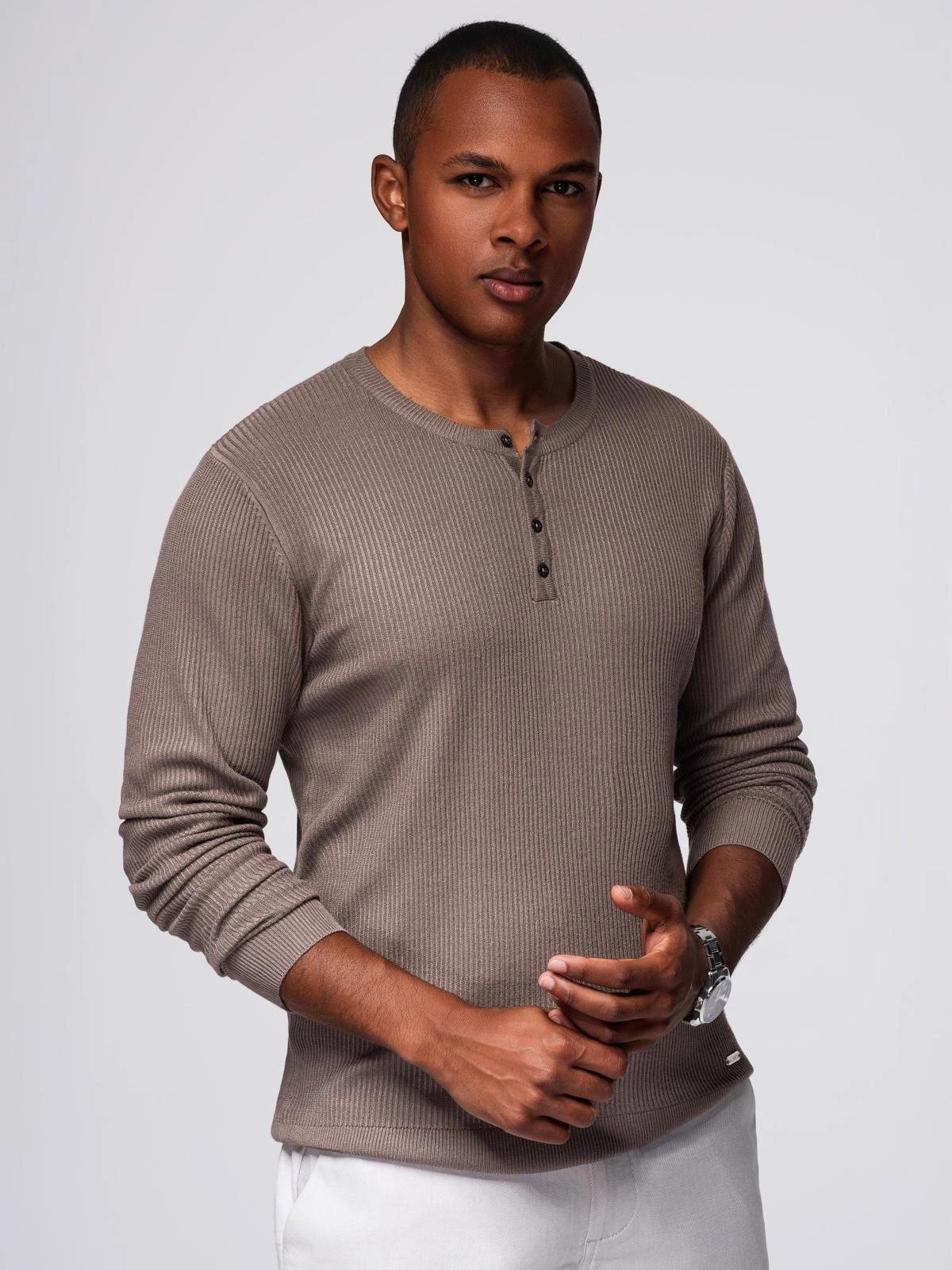 OMBRE Rundhalspullover Gestreifter Herrenpullover mit Knöpfen am Ausschnitt günstig online kaufen