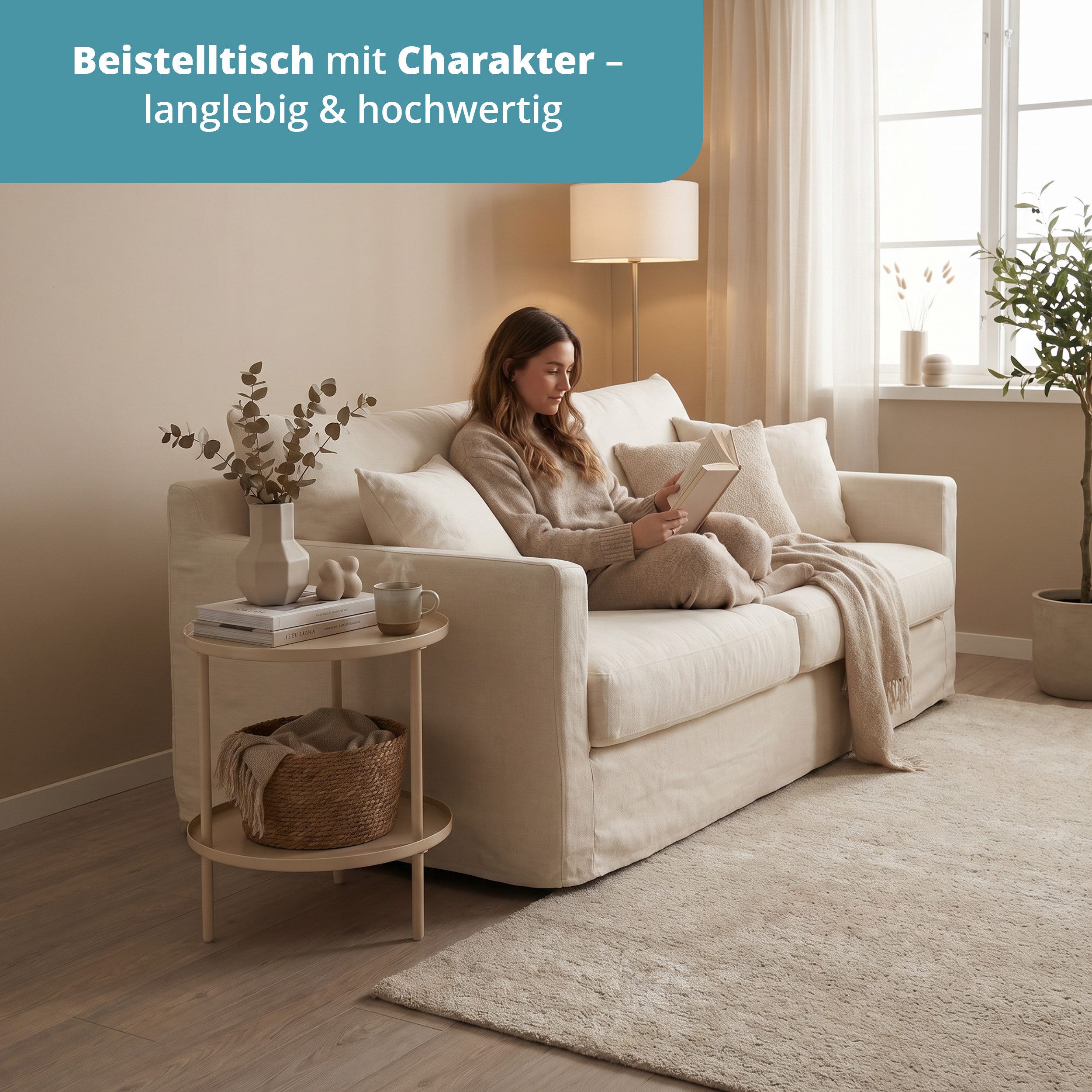 KHG Beistelltisch Rund Beige Ø 41 cm moderner Sofatisch elegant (Dekorative Ablage für Getränke, Bücher oder Wohnaccessoires, platzsparend, modern und vielseiti – Bild 2 von 5