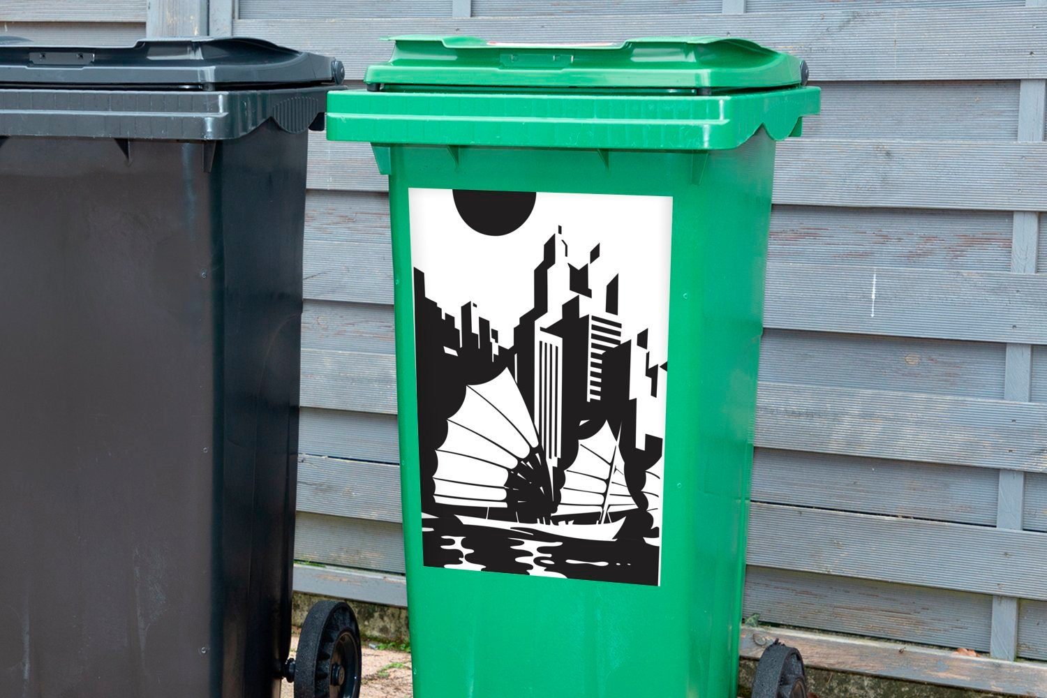 Hongkong Abfalbehälter schwarz-weiße (1 Container, Illustration Sticker, Mülltonne, mit Wandsticker Boot von MuchoWow Mülleimer-aufkleber, St), einem Eine