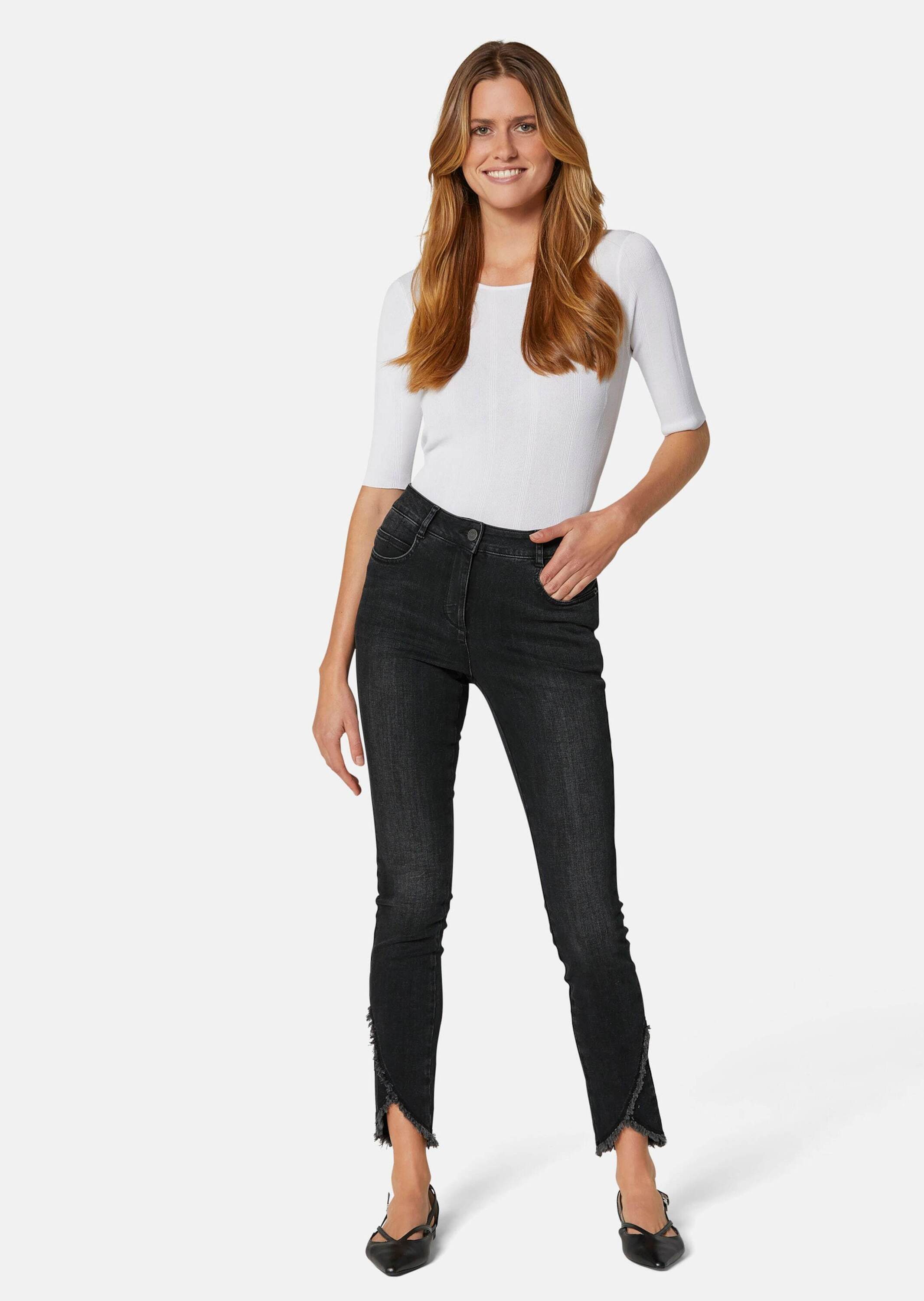 MADELEINE Gerade Jeans Verkürzte 5-Pocket-Hose mit Fransen Modisch verkürzte Hose mit abgeschrägtem Fransensaum, Cotton-Stretch