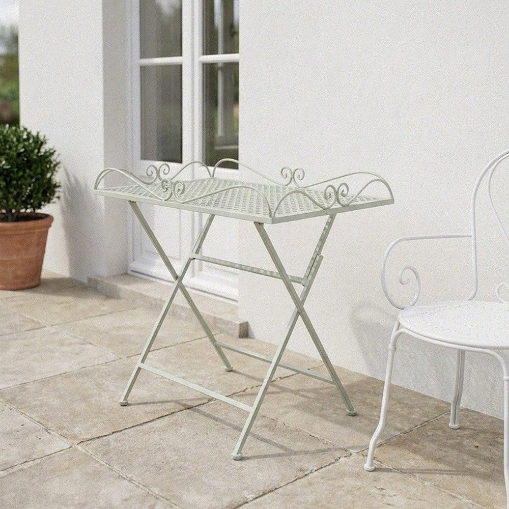 Antikas Dekokissen Gartentisch aus Eisen, weiß lackiert, eckig und klappbar, H.60 cm