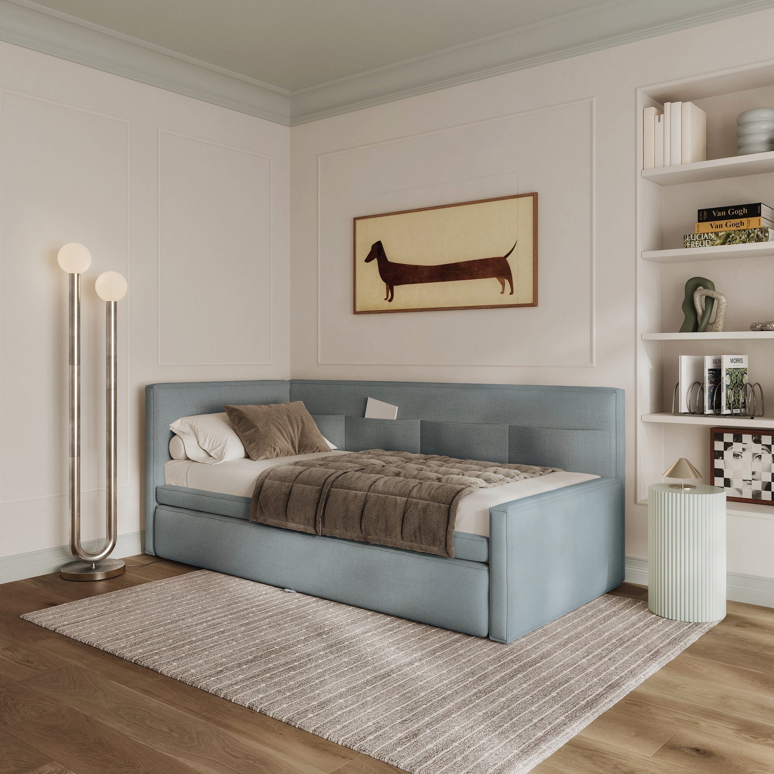 Selsey Kinderbett NESMI, Jugendbett Nesmi, mit Bettkasten, o. Matratze, links, blau