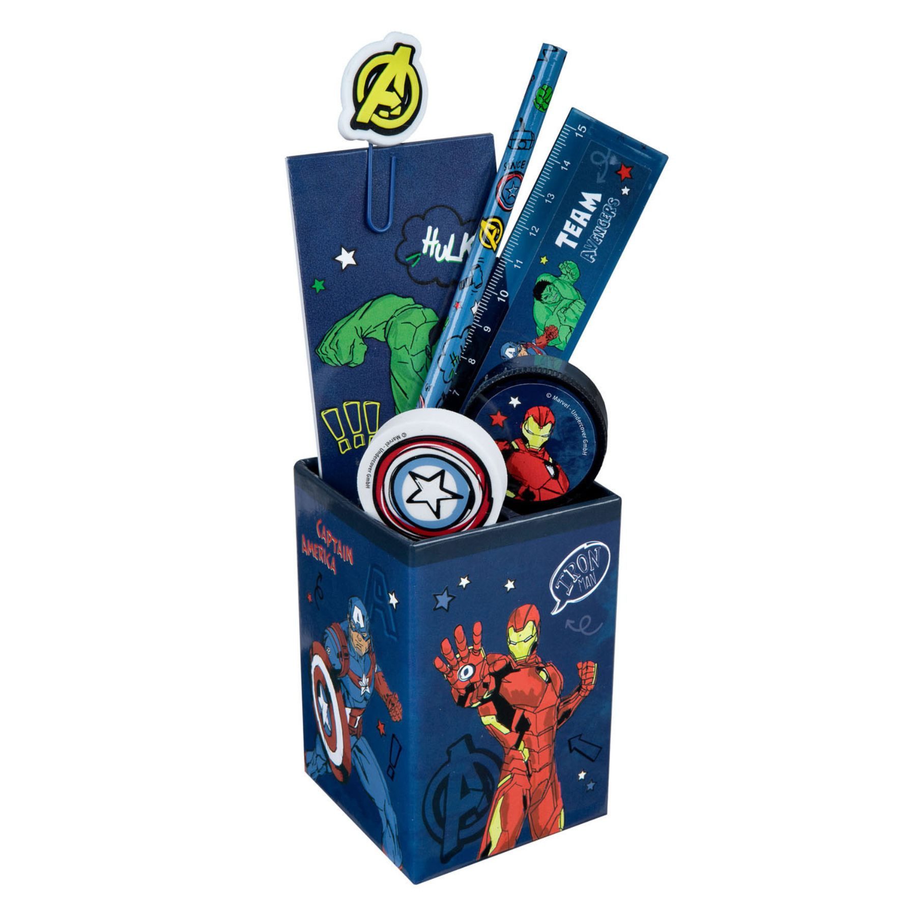 The AVENGERS Federmäppchen gefüllt 7 teilig Blau Schreibwaren Set Schulzubehör
