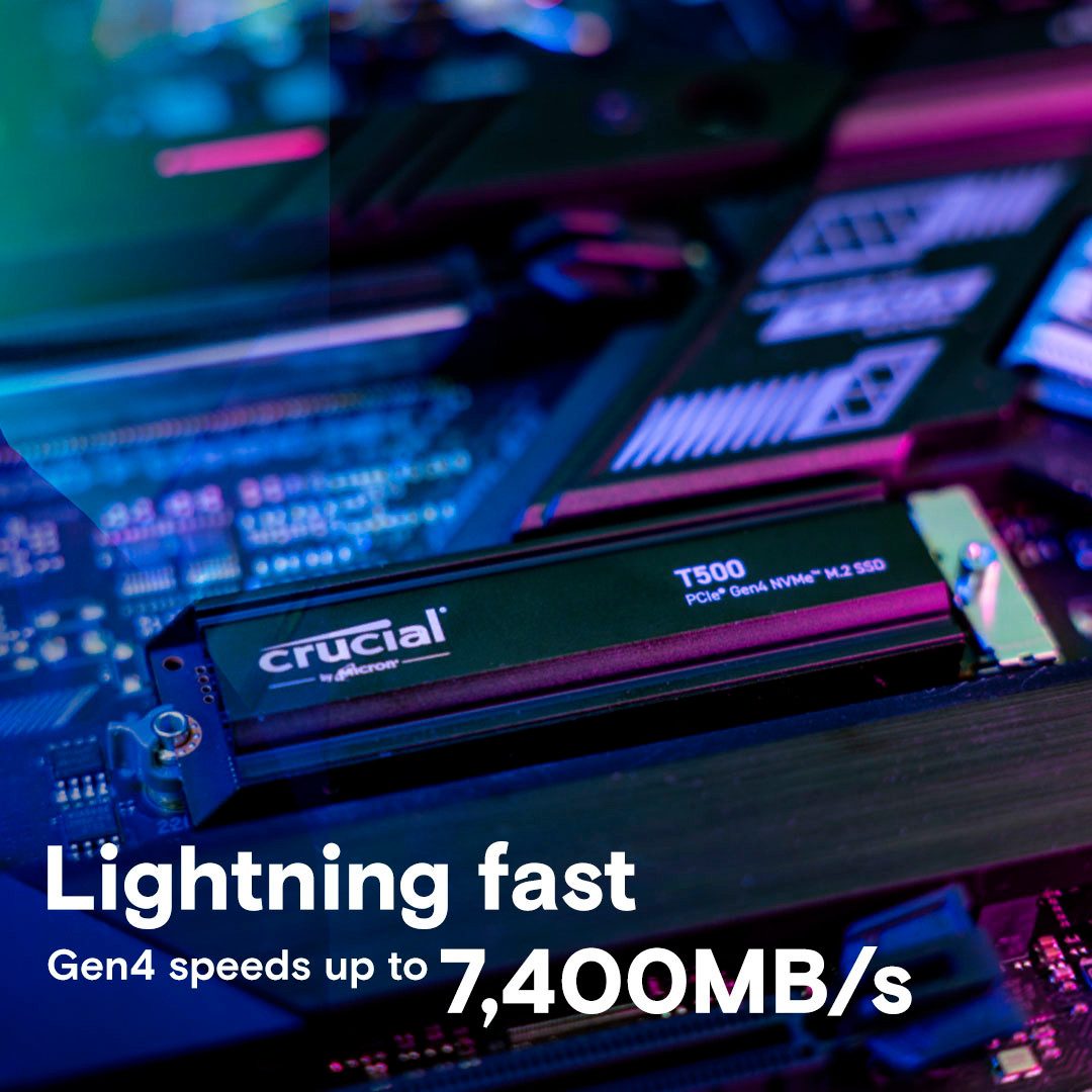 Crucial T500 1 TB Heatsink interne SSD (1 TB) 7300 MB/S Lesegeschwindigkeit, 6800 MB/S Schreibgeschwindigkeit