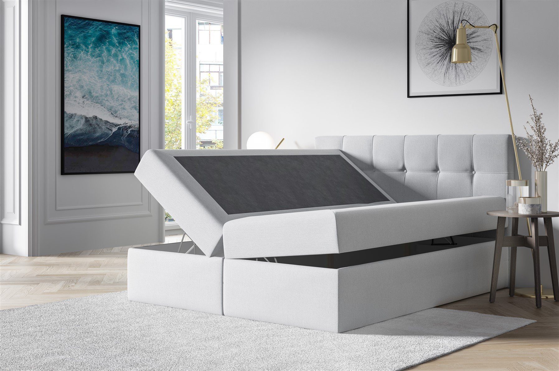 Fun Möbel Boxbett Schlafzimmerbett BURGOS in Stoff Braun (inkl. Bettkasten, 1-St., inkl. Kaltschaumtopper), Gepolstertes Kopfteil