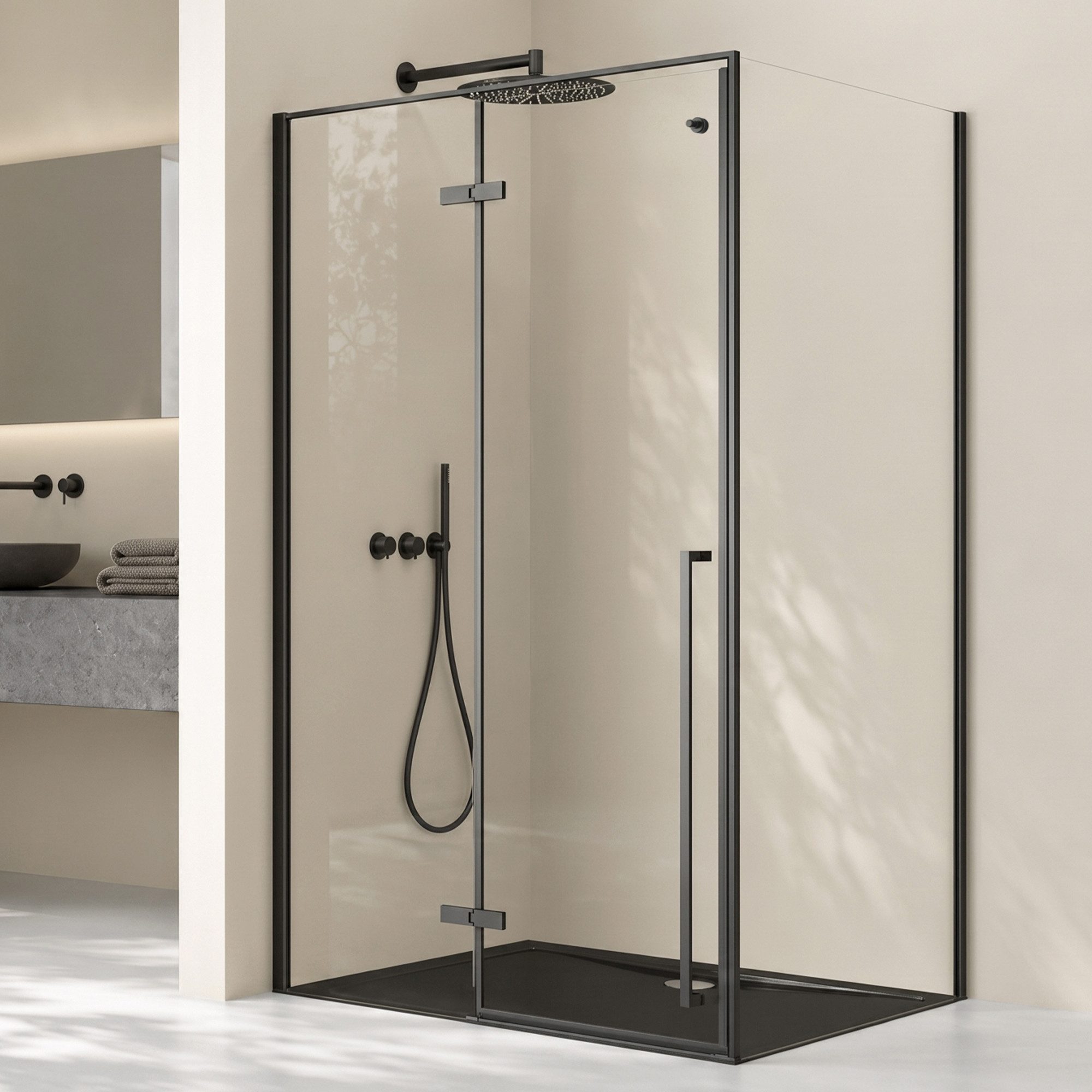 doporro Eckdusche Duschkabine Duschabtrennung schwarz ESG-Glas mit Nano H:195cm Rav64, BxT: 100x80 cm, Einscheibensicherheitsglas, ebenerdiger Einbau möglich