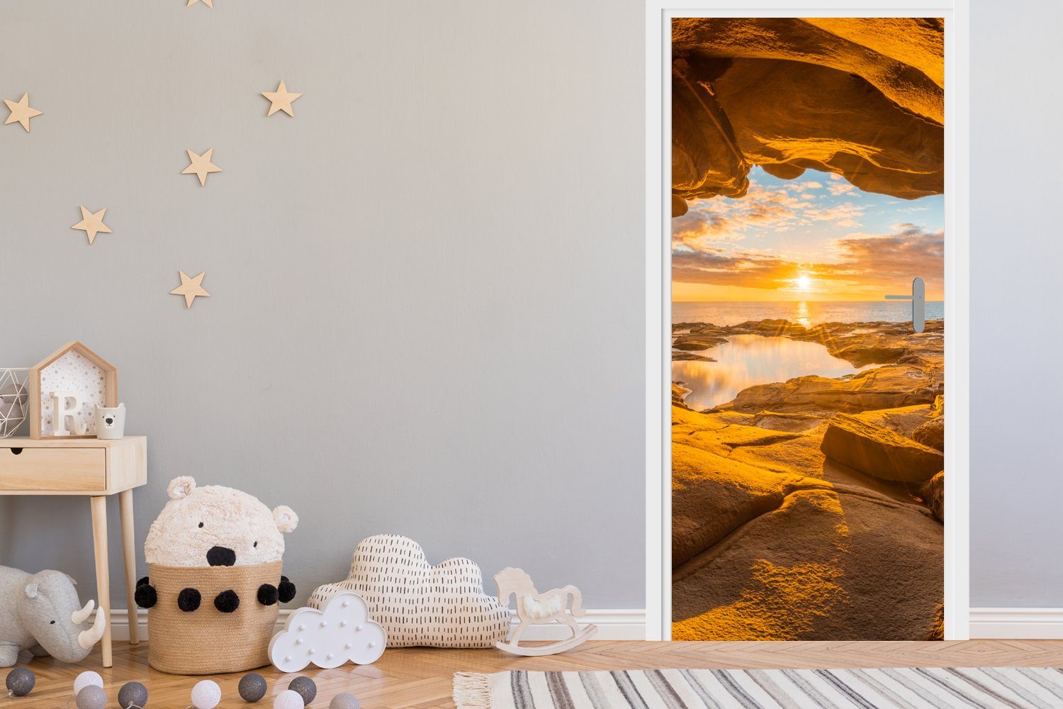 Türaufkleber, Höhle Sonnenuntergang, bedruckt, Fototapete - für Horizont - cm St), (1 Tür, Matt, Türtapete Meer - MuchoWow 75x205