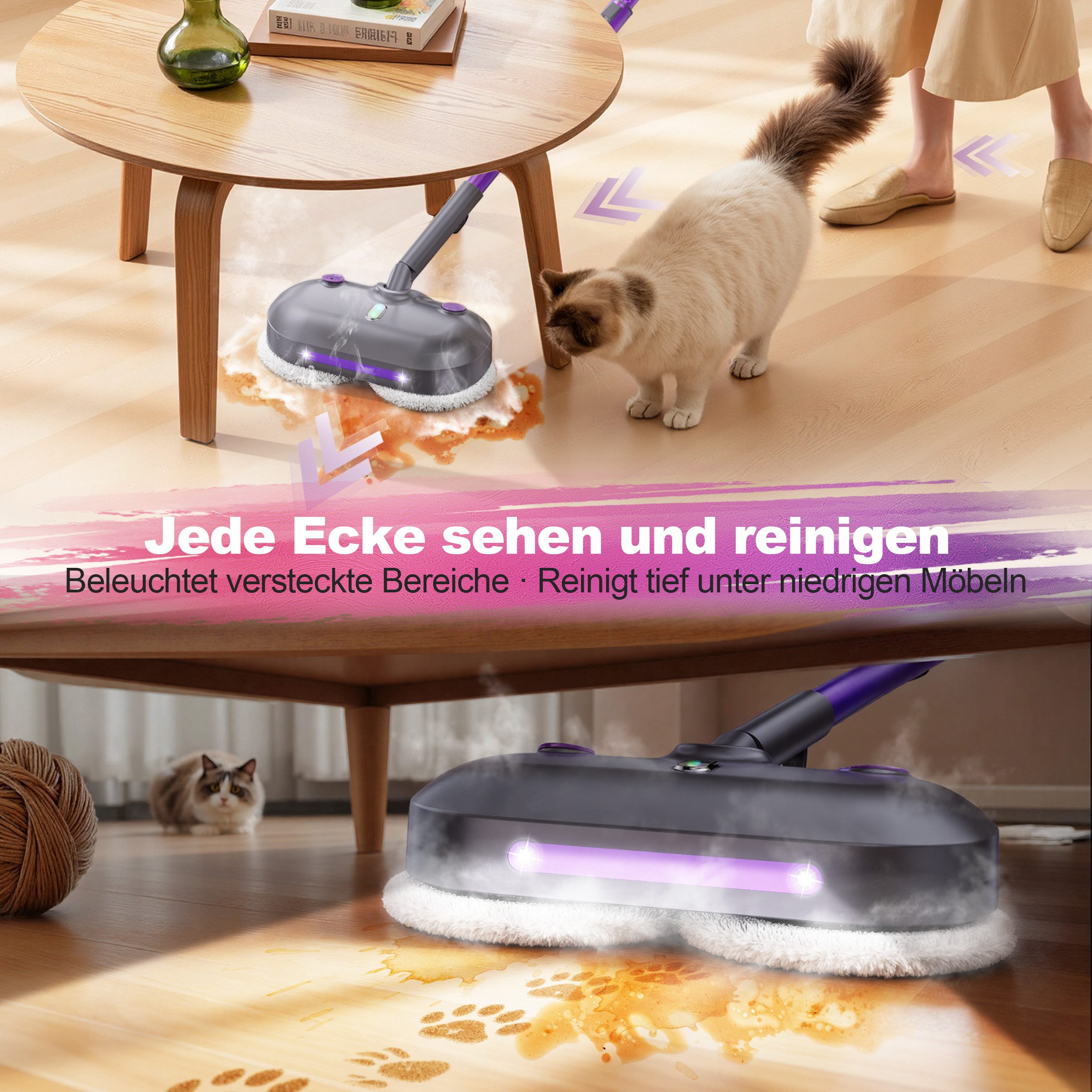 INSE Dampfreiniger F6 E-rotier-Dampfmop mit 450‑ml‑Wassertank/höhenverstellbar/LED‑Blt., 1500 W, 4 waschbare Mikrofaser‑Pads/7m Netzkabel für Fliesen/Laminat/Ha – Bild 4 von 5