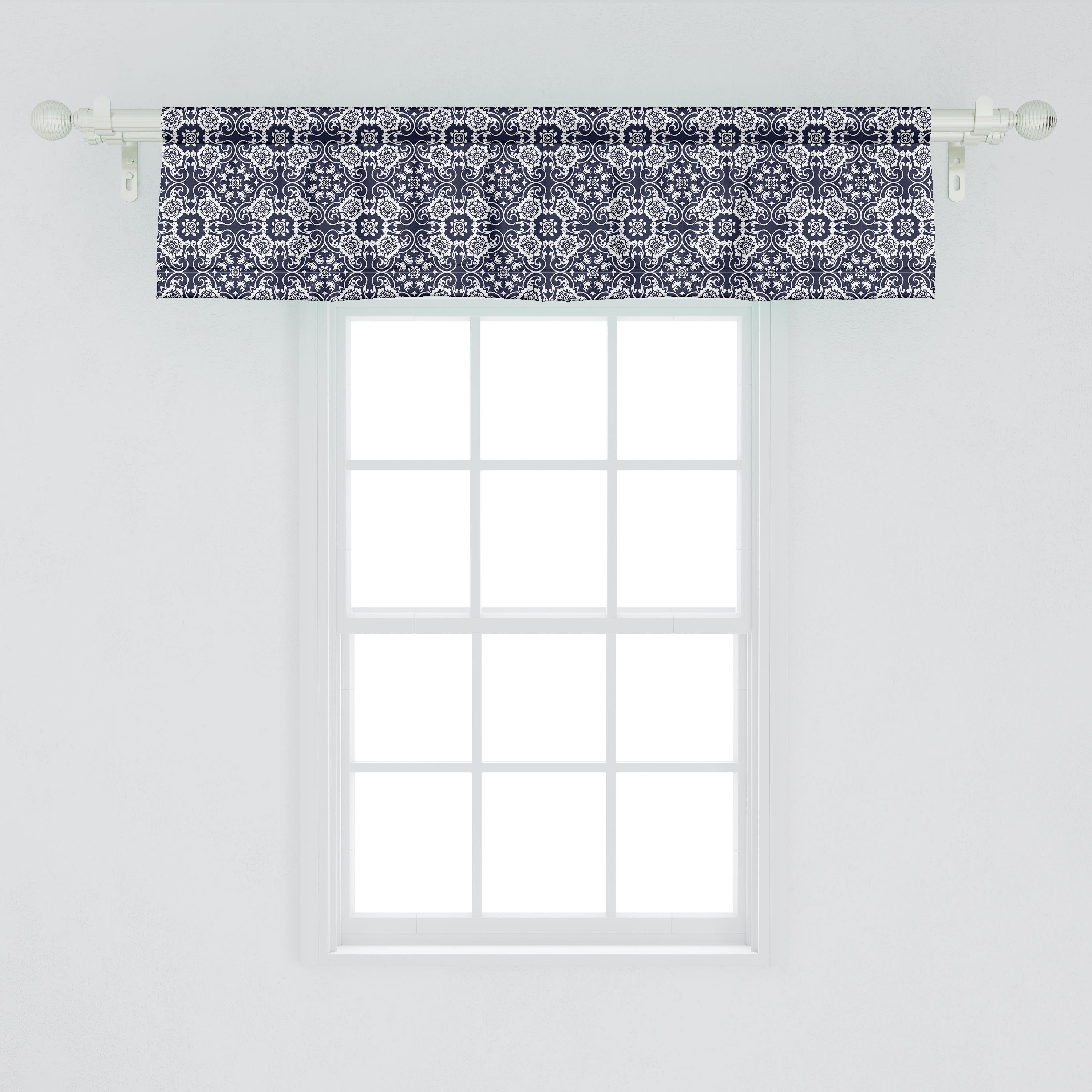 Vorhang mit Küche Japanische Scheibengardine blau für Abakuhaus, Schlafzimmer Dekor Microfaser, Volant Kurven Flora Navy Stangentasche,