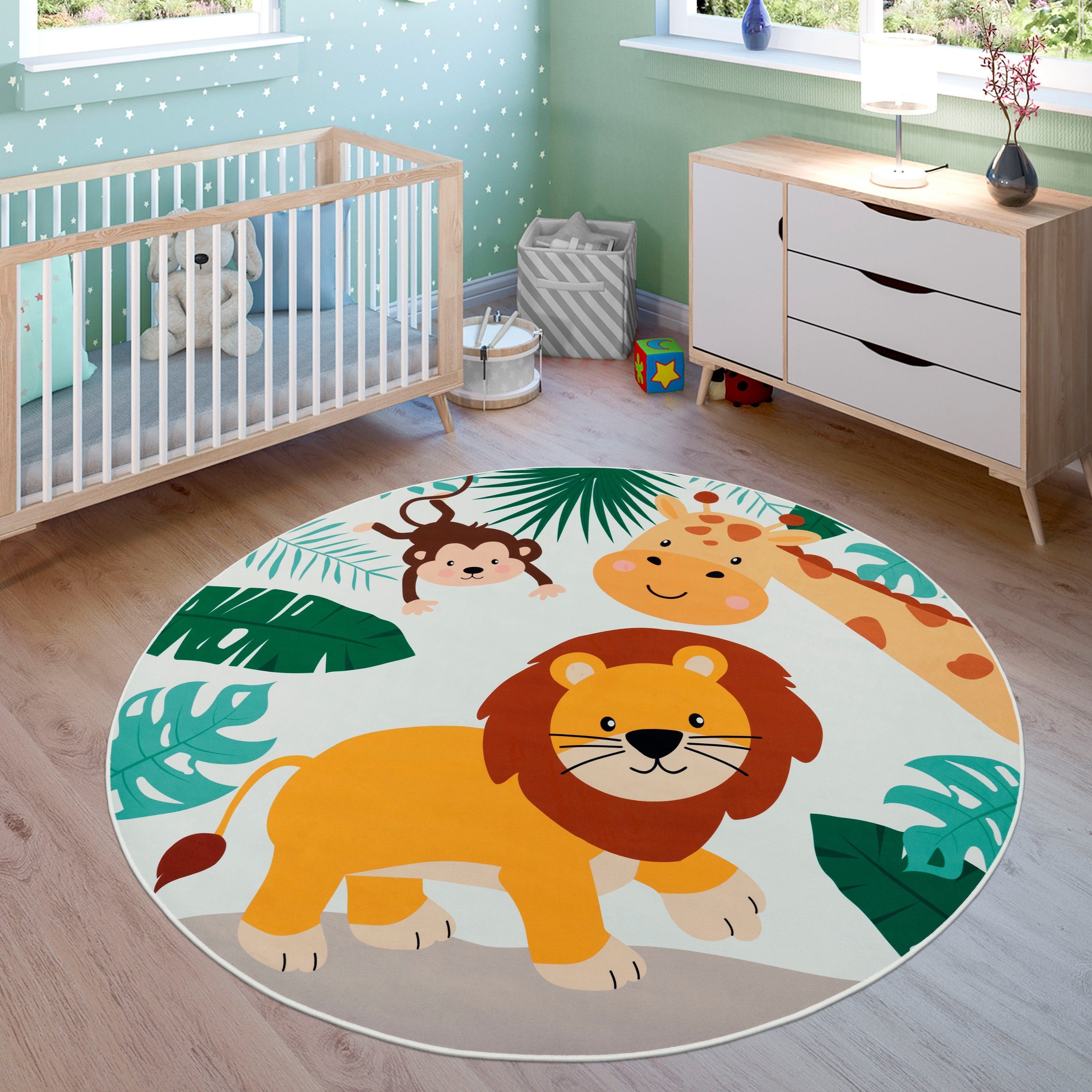Paco Home Kinderteppich Bino 582, rund, Höhe: 4 mm, Spielteppich, Motiv Tiere, Löwe & Giraffe, Kinderzimmer