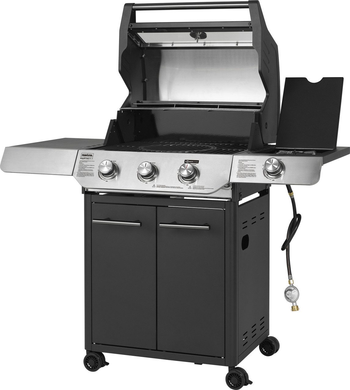 Primaster Gasgrill Primaster Gasgrill Cody Powerzone & Seitenbrenner, Deckelthermometer Heckbrenner mit Rollen Seitenbrenner