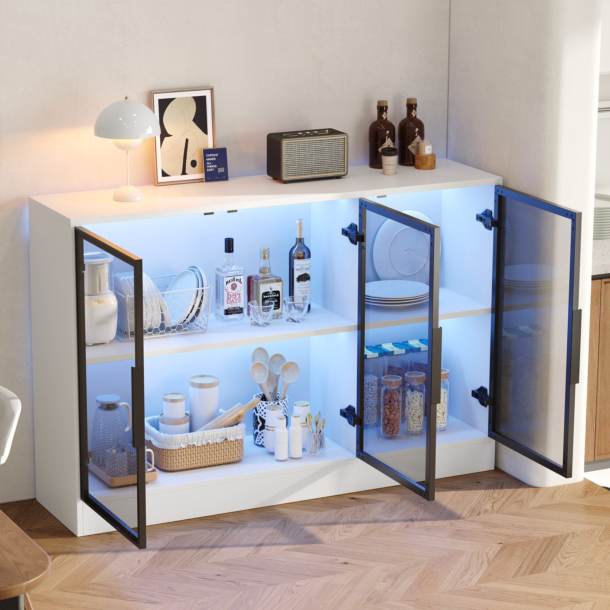 Flieks Glasvitrine multifunktionaler Mehrzweckschrank mit LED-Beleuchtung, 3 Glastüren (B120xT30xH73 cm, 1-St) Sideboard Vitrine Wohnzimmerschrank Highboard 4 Fächern Weiß
