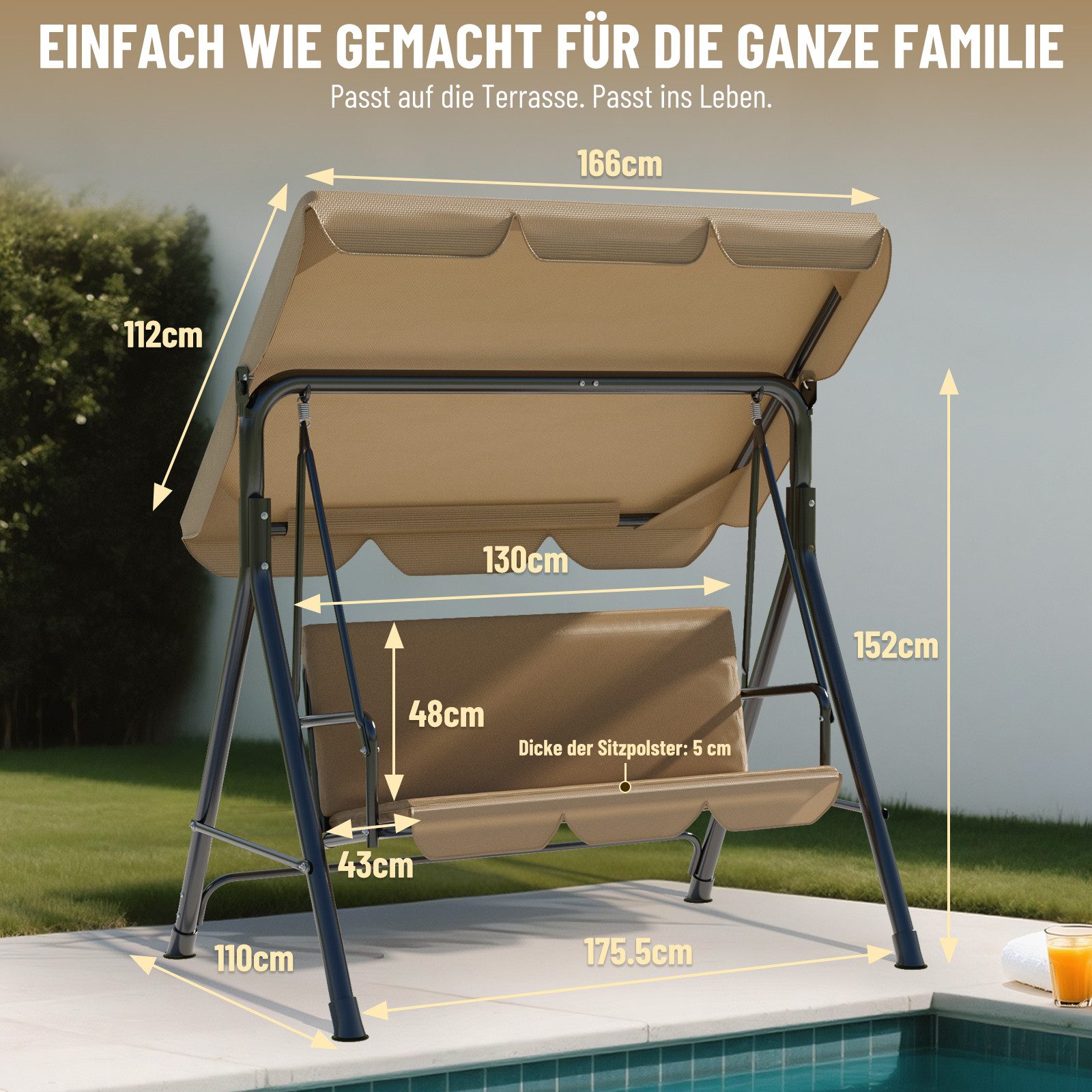 Huracan Hollywoodschaukel 3-Sitzer, Gartenschaukel mit Verstellbarem Sonnendach, 3-Sitzer, 175.5*110*152cm-Klassiker, UV-Schutz Wetterfest, Schaukelbank 220kg Belastbar