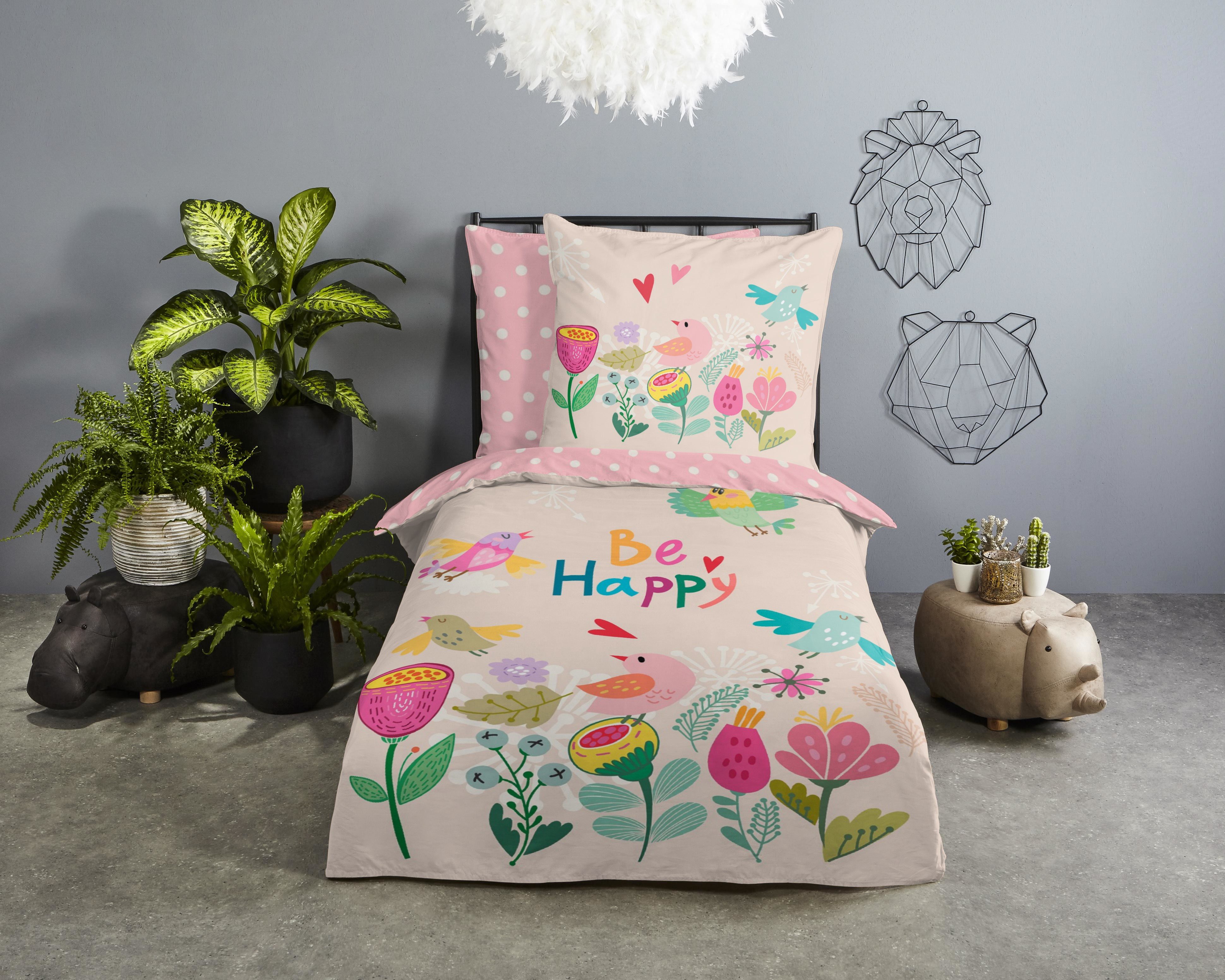 good morning Kinderbettwäsche Happily, Renforcé, 2 teilig, Baumwolle, Renforcé, Wendeoptik, Kind, Mädchen, blumen, vogel