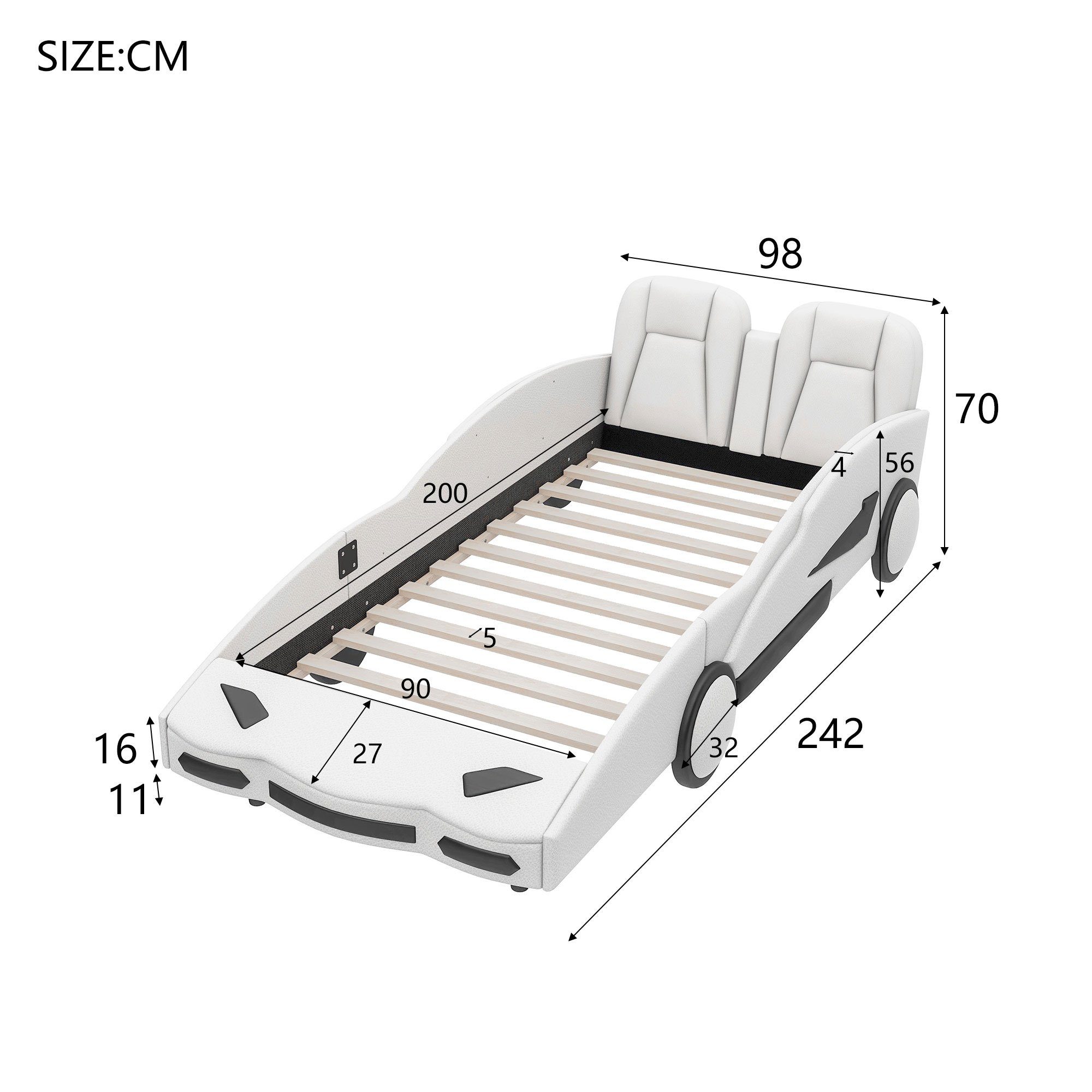 Autobett, mit für Jungen Kinderbett, Lattenrost, und Weiß 90x200cm Merax Einzelbett, Mädchen