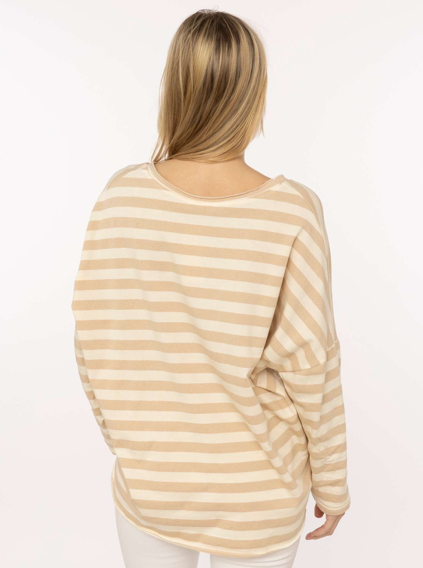 Zwillingsherz T-Shirt "Streifen & Jersey" Streifenmuster, V-Neck, offene Kanten für Used Look