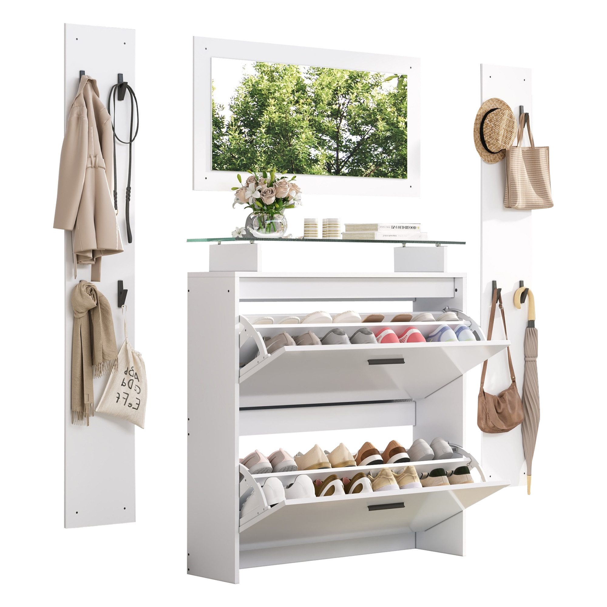 Merax Garderoben-Set 4-teilig mit Spiegel,2 Wandpaneelen,Glasablage,Hochgla günstig online kaufen