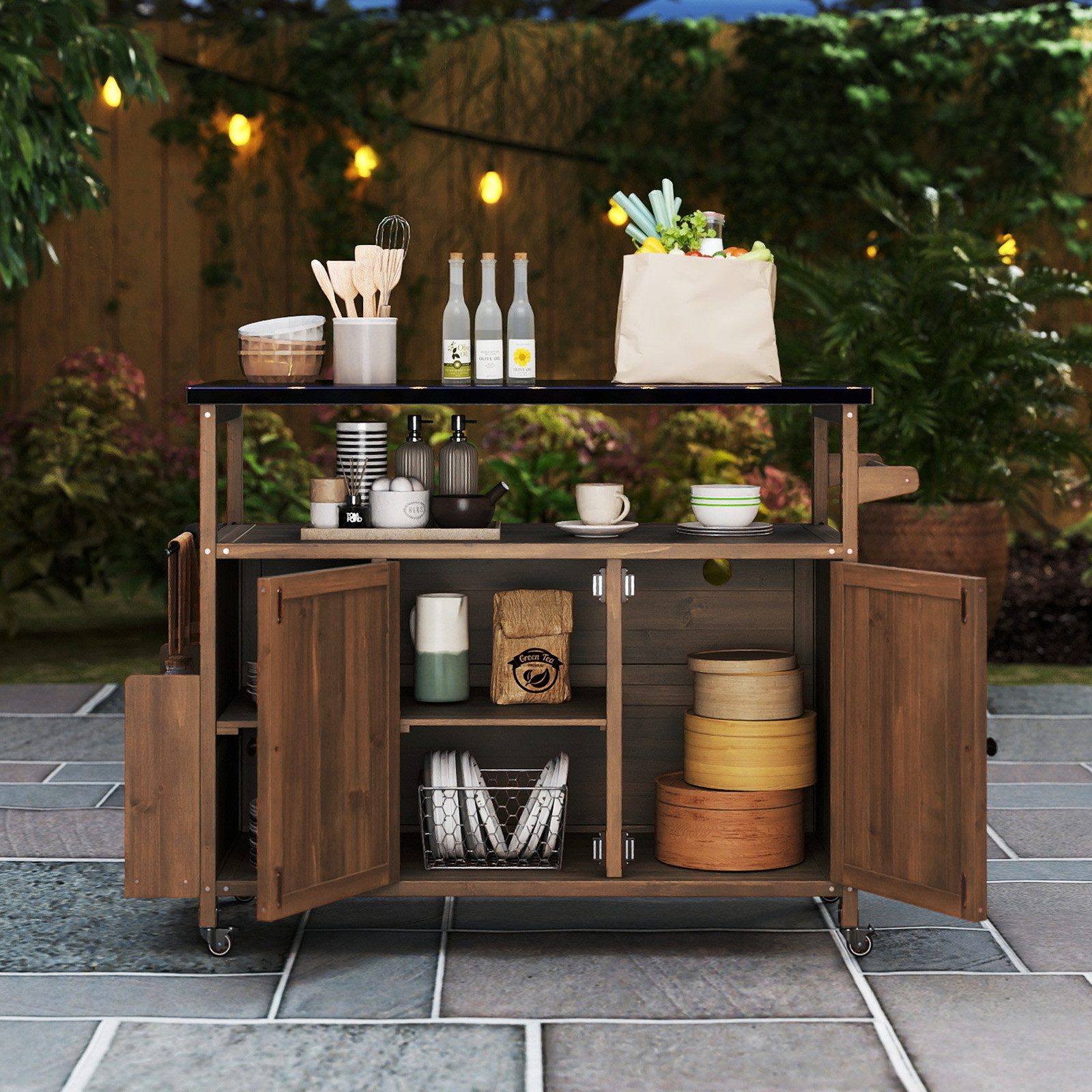 KOMFOTTEU Grillablagetisch, Servierwagen Küchenwagen Kücheninsel auf Rollen